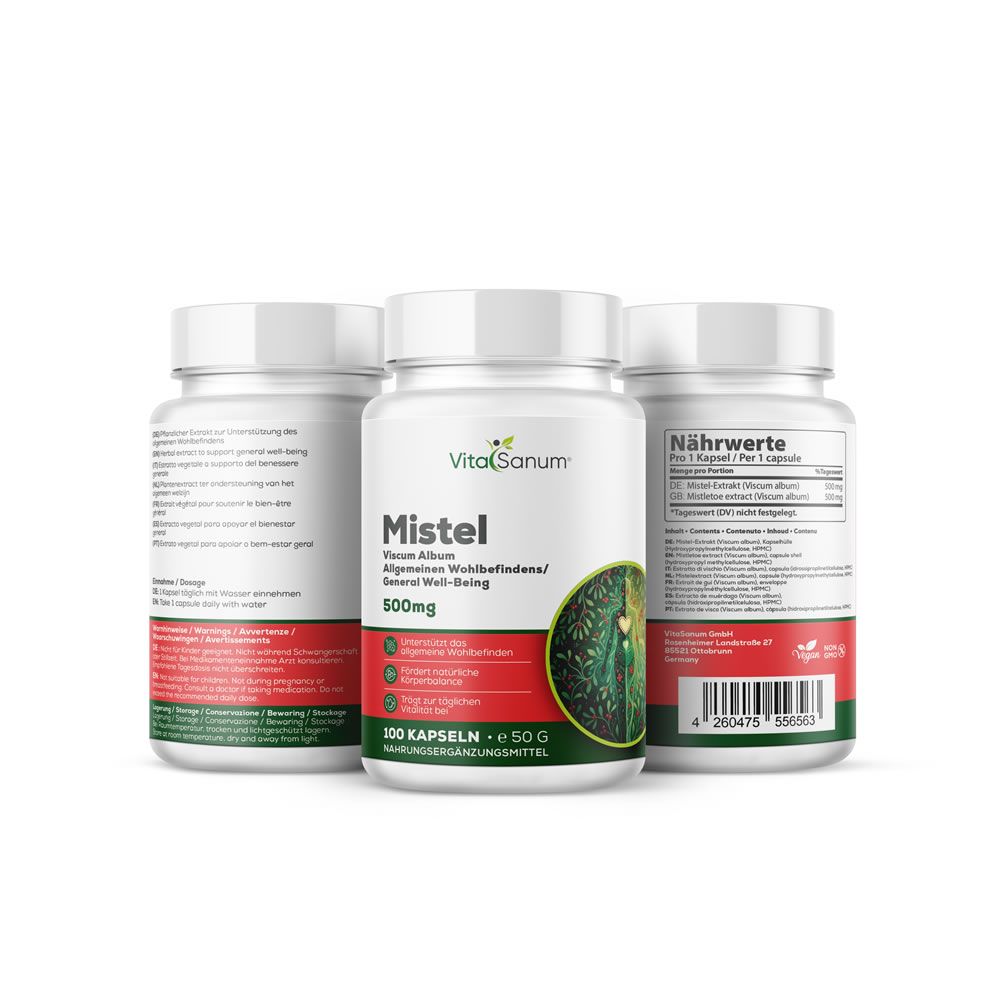 Drei weiße Flaschen mit Schraubverschluss. Etikett mit Produktname „Mistel“, Marke „VitaSanum“ und Inhaltsangaben. 100 Kapseln.