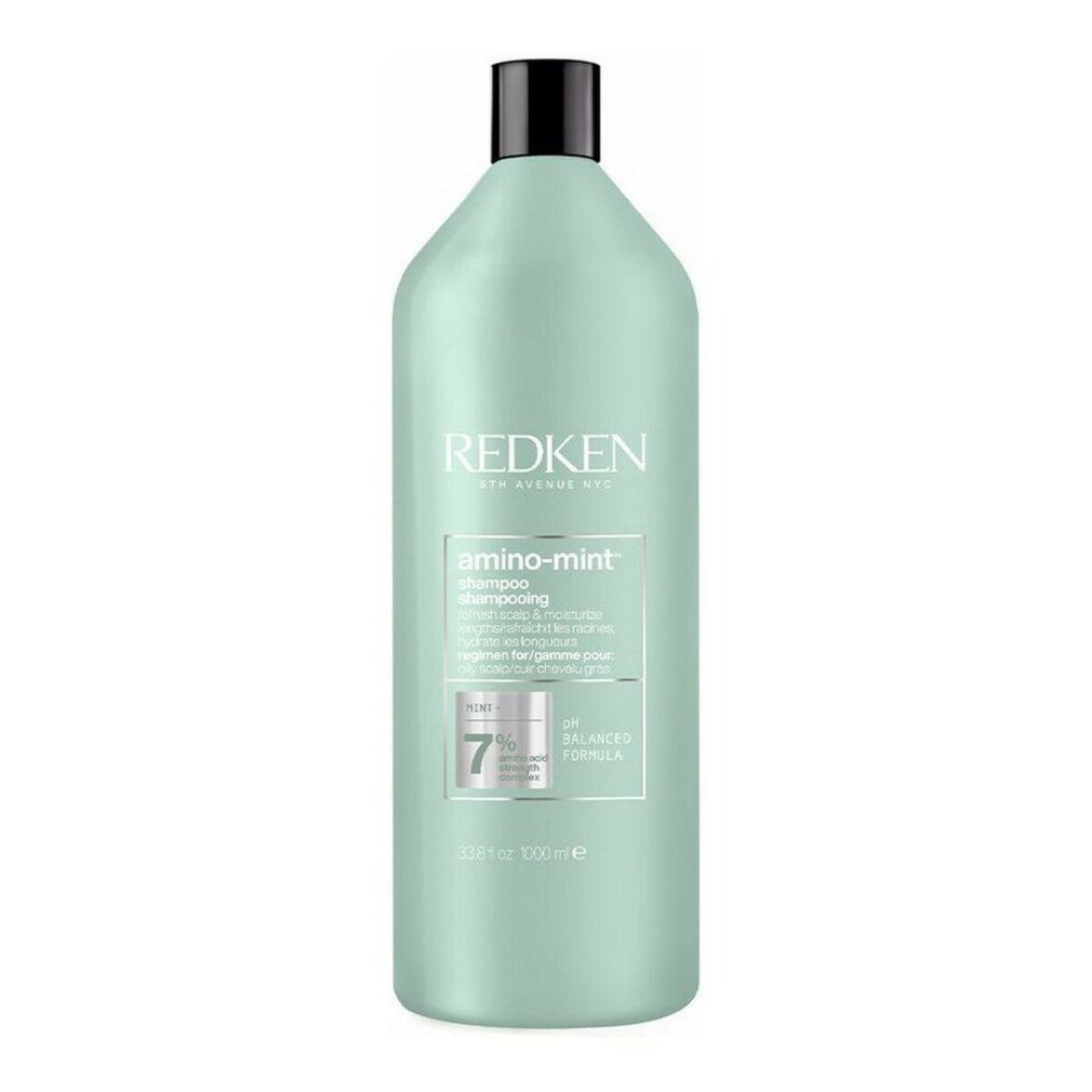 Hellgrüne Shampoo-Flasche mit schwarzem Deckel. Aufschrift Redken, amino-mint Shampoo. pH-Wert 7.