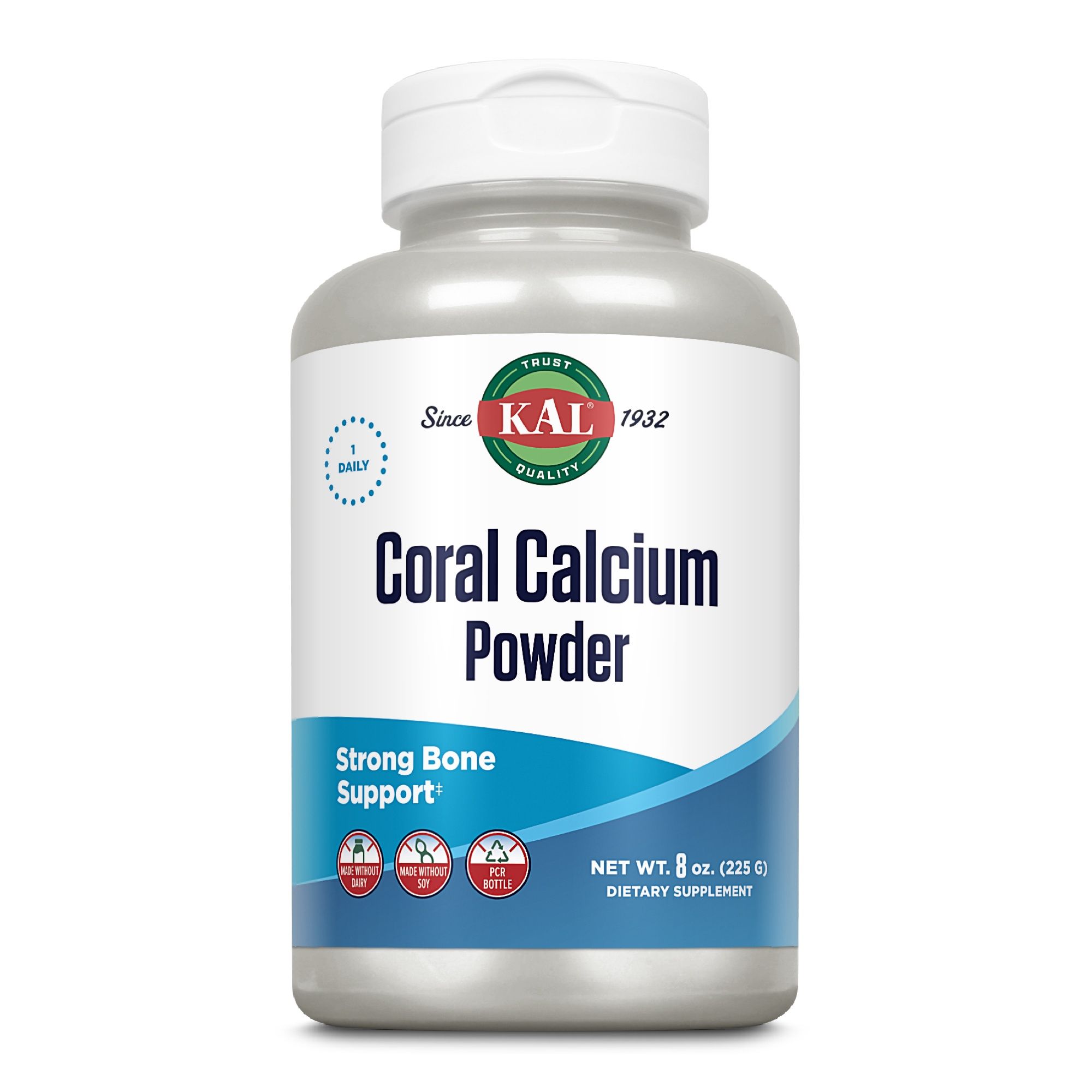 Weiße Flasche KAL Coral Calcium Powder. Text: Strong Bone Support, 8 oz (225 g), Dietary Supplement, 1 Daily.