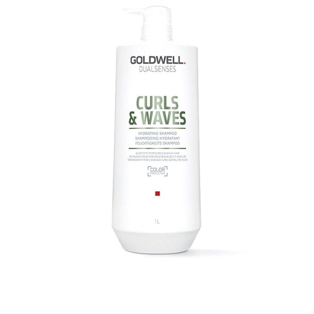 Goldwell Dual Senses Curls & Waves Shampoo. Weiße Flasche mit Pumpe. Text: Curls & Waves, Hydrating Shampoo. 1L.