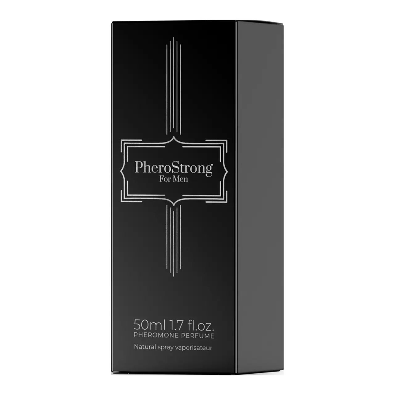 Schwarze rechteckige Verpackung. Aufschrift: PheroStrong For Men. 50ml 1.7 fl.oz. Pheromon Parfum. Natural spray vaporisateur.