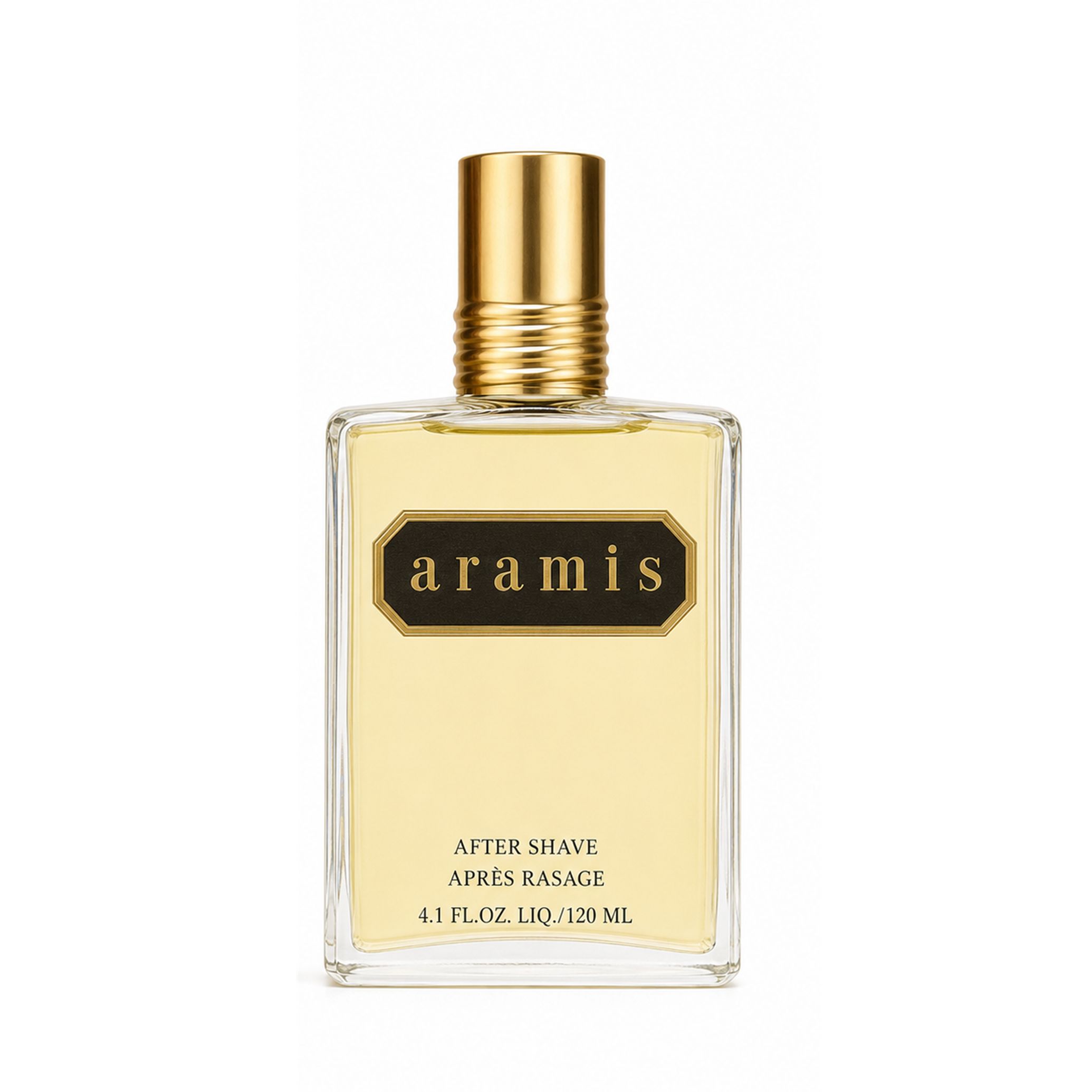 Aramis After Shave Splash Flakon mit goldenem Verschluss und schwarzem Etikett.