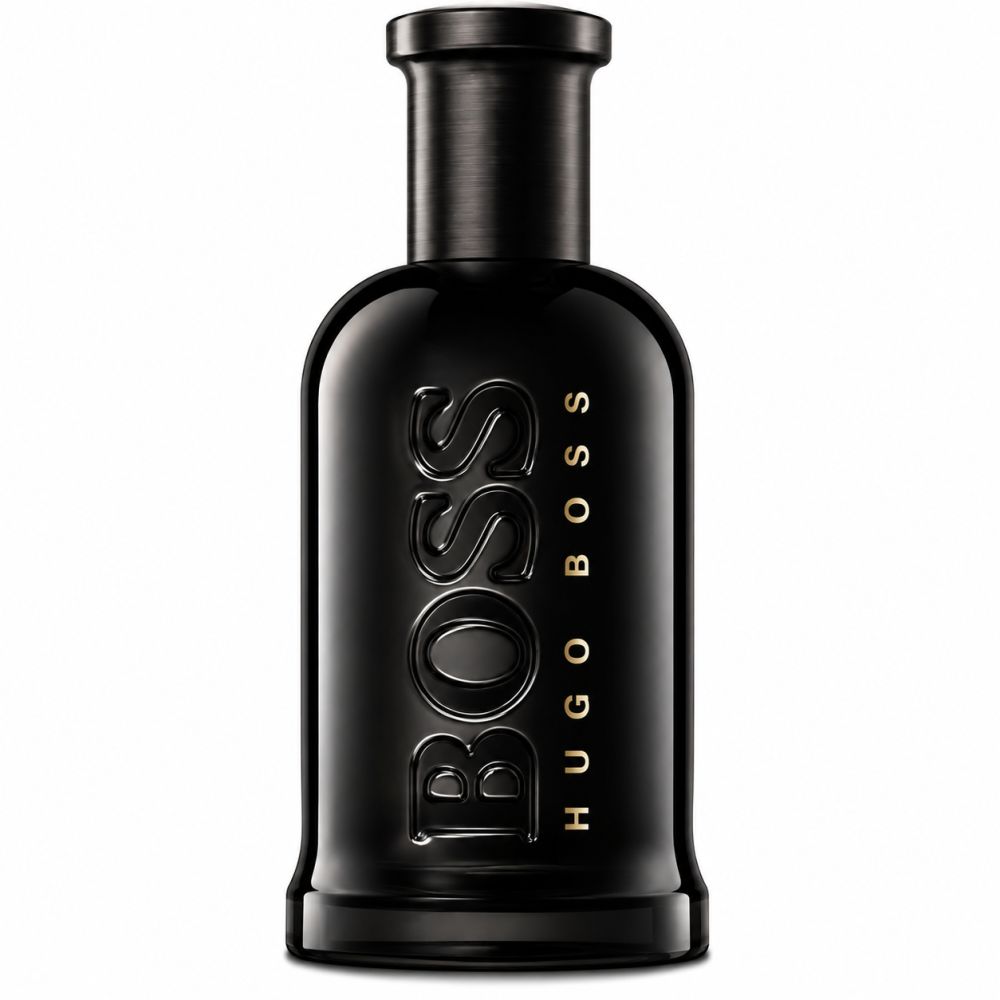 Schwarze Glasflasche mit "BOSS HUGO BOSS" Prägung.