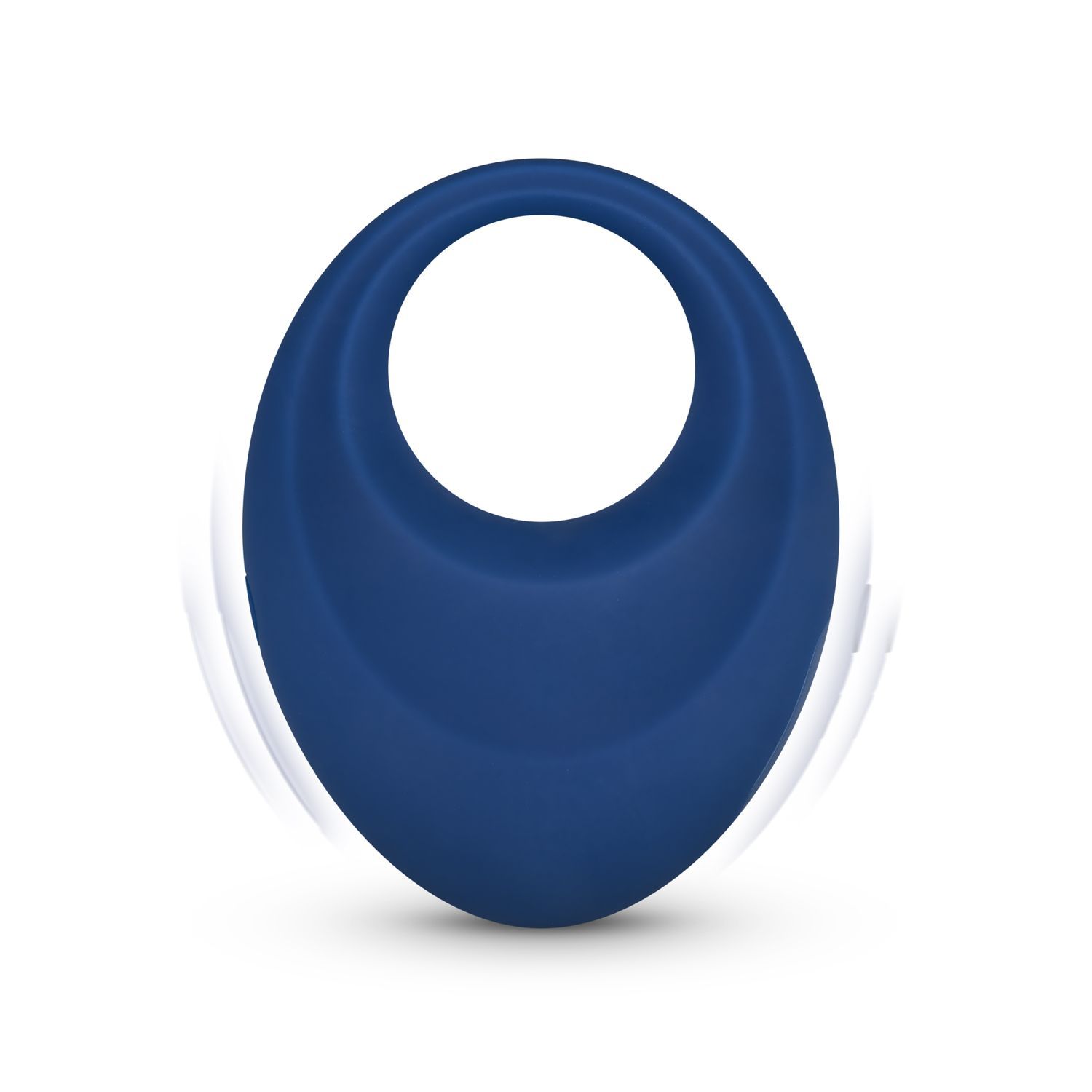 Blaues, ringförmiges Produkt mit ovaler Form und einem Loch in der Mitte. Auf weißem Hintergrund.