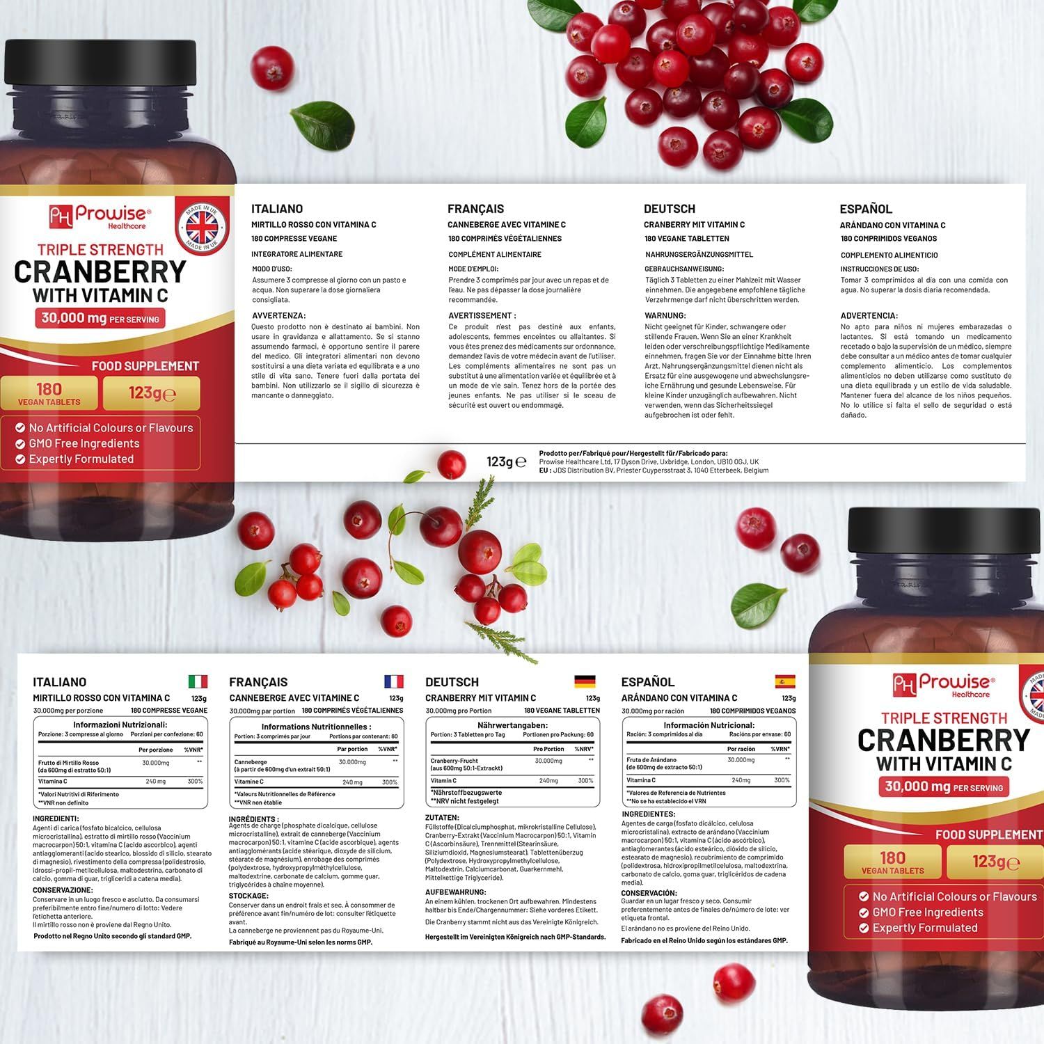 Zwei Flaschen mit Produktetiketten und Beipackzettel mit Informationen in verschiedenen Sprachen. Cranberry mit Vitamin C.