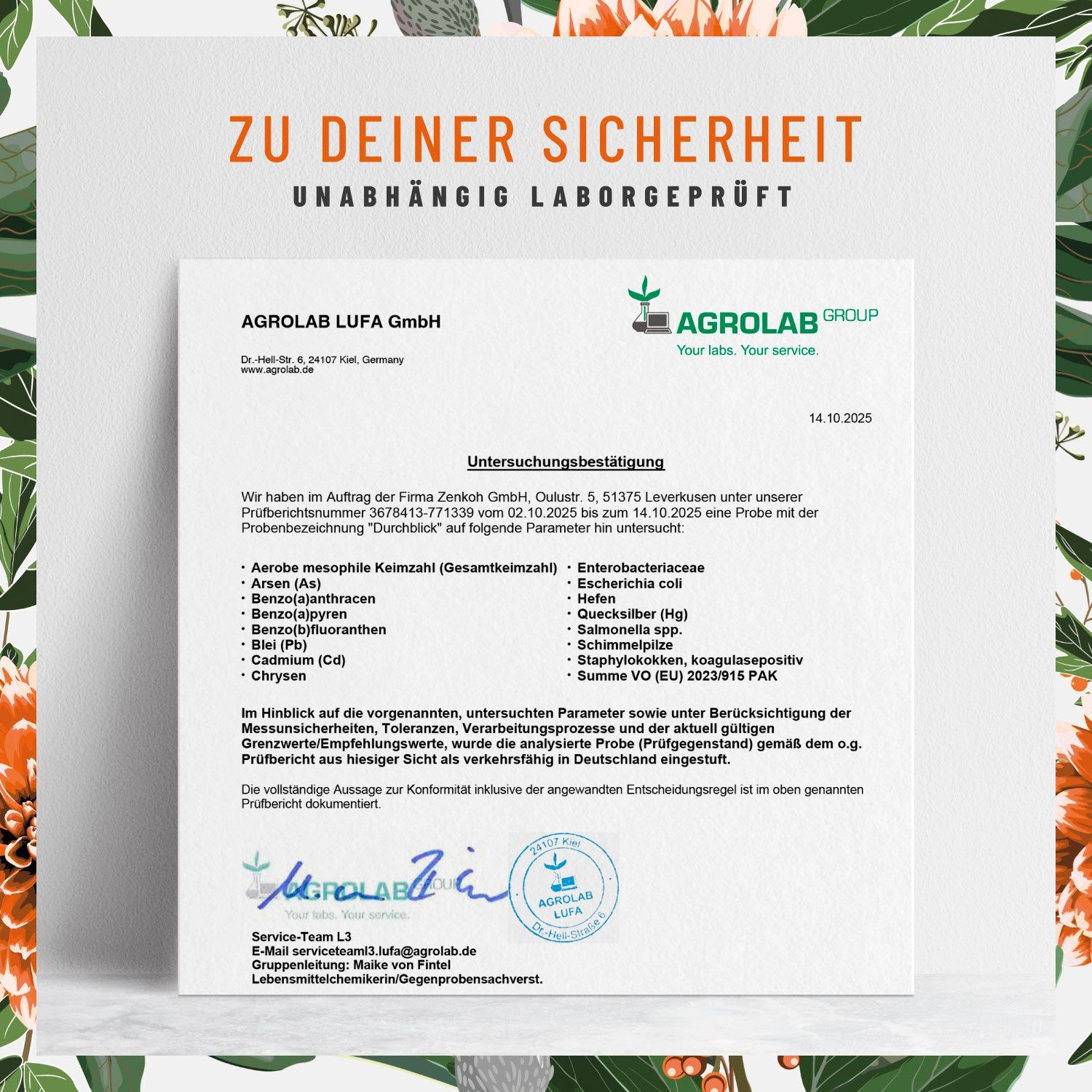 Zertifikat der Agrolab LUFA GmbH. Text: Unabhängig laborgeprüft. Unterschriften und Stempel.