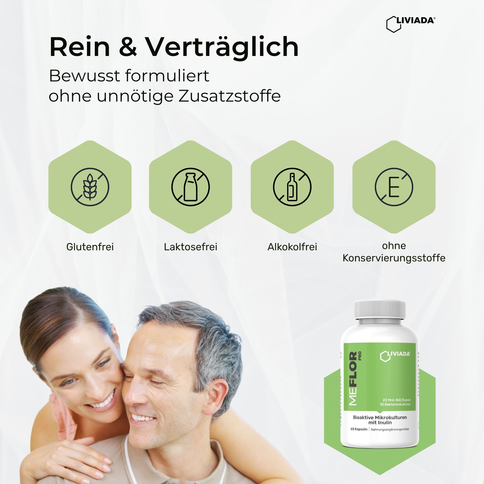 Weißes Pillenfläschchen mit LIVIADA MEFLOR PRO. Symbole: Glutenfrei, laktosefrei, alkoholfrei, ohne Konservierungsstoffe. Paar umarmt sich.