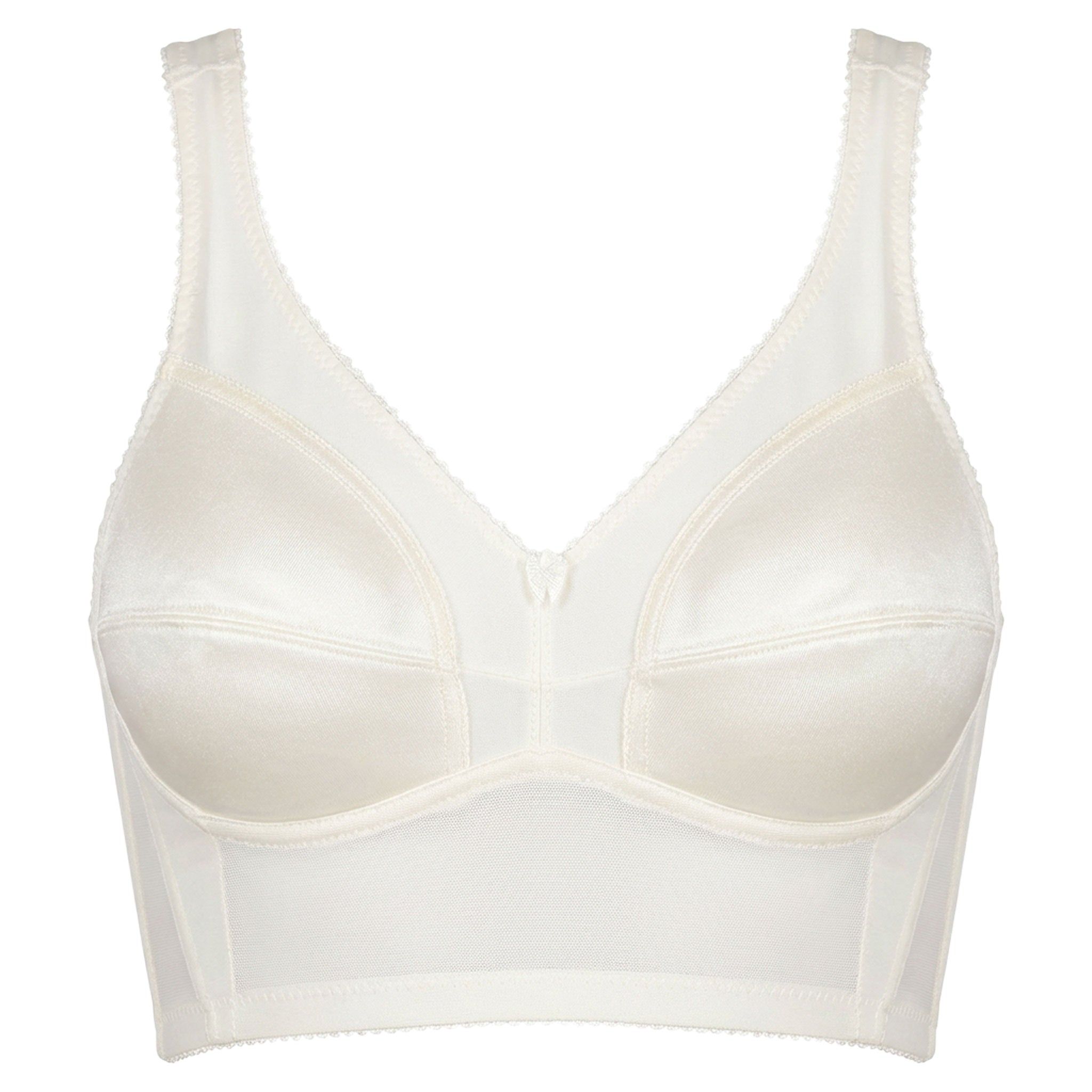 Elfenbeinfarbener Stütz-BH aus Satin mit hohem Unterbrustband. Cup C. Details: Träger, Cups, Unterbrustband, Spitze.