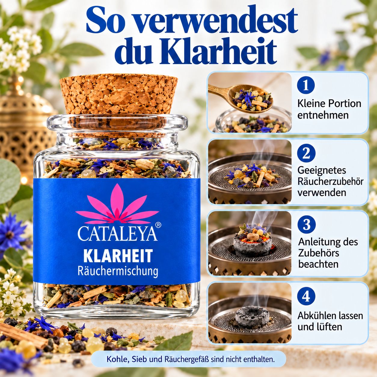 Anleitung zur Verwendung der Räuchermischung: Entnahme, Räuchern mit Zubehör, Anleitung beachten, Abkühlen.