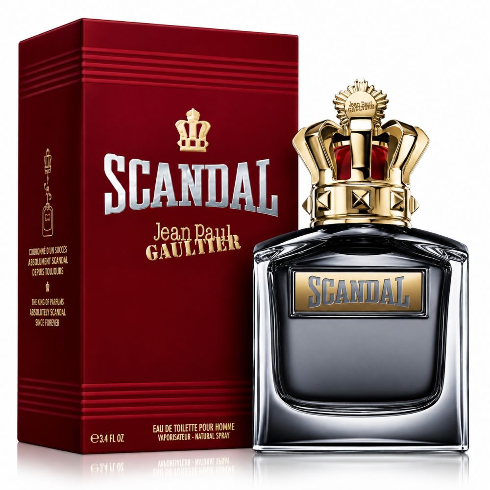 Jean Paul Gaultier Scandal Pour Homme Eau de Toilette Spray Flakon und Box mit Kronenmotiv.