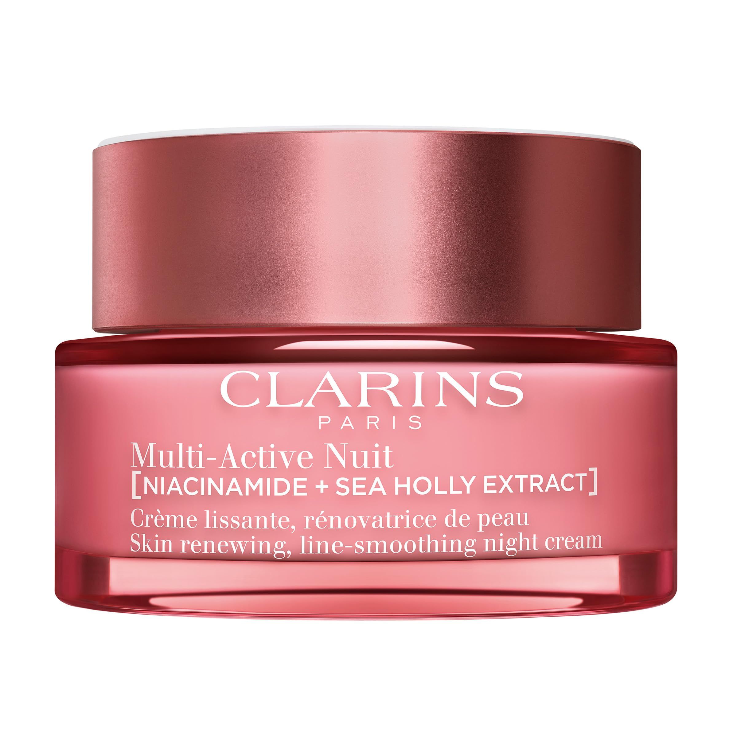Rosa Creme-Dose mit Deckel. Aufschrift: CLARINS PARIS, Multi-Active Nuit. Text: Skin renewing, line-smoothing night cream.