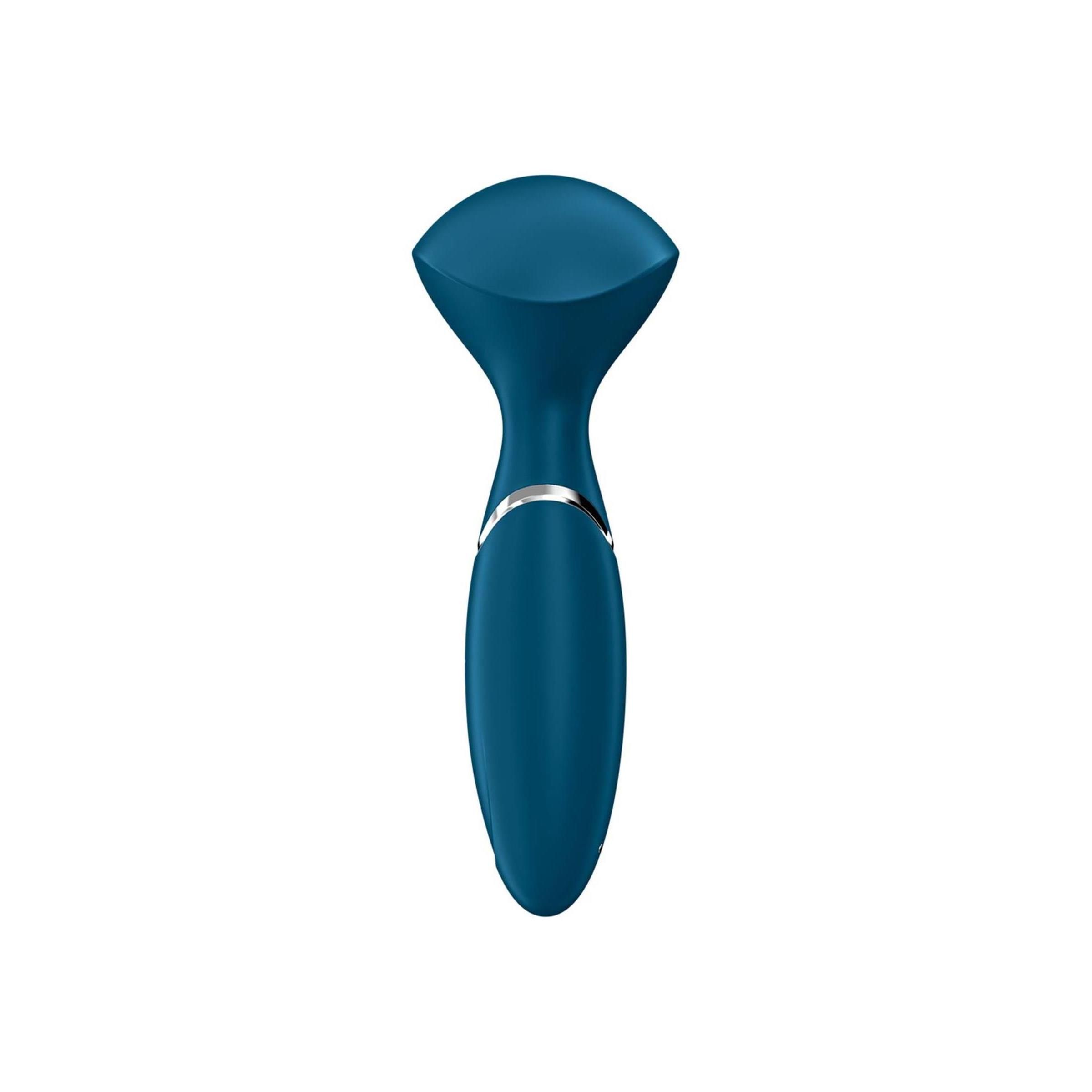 Dunkelblauer Vibrator mit geschwungener Form und silbernem Ring.