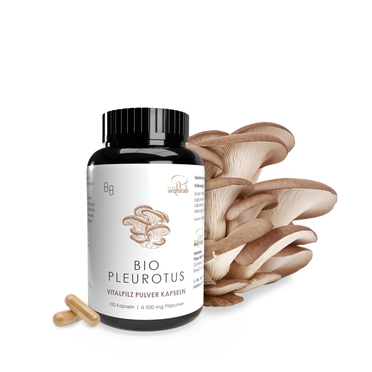Schwarze Flasche mit Kapseln. Aufschrift: BIO Pleurotus Vitalpilz Pulver Kapseln. Daneben Austernpilze.
