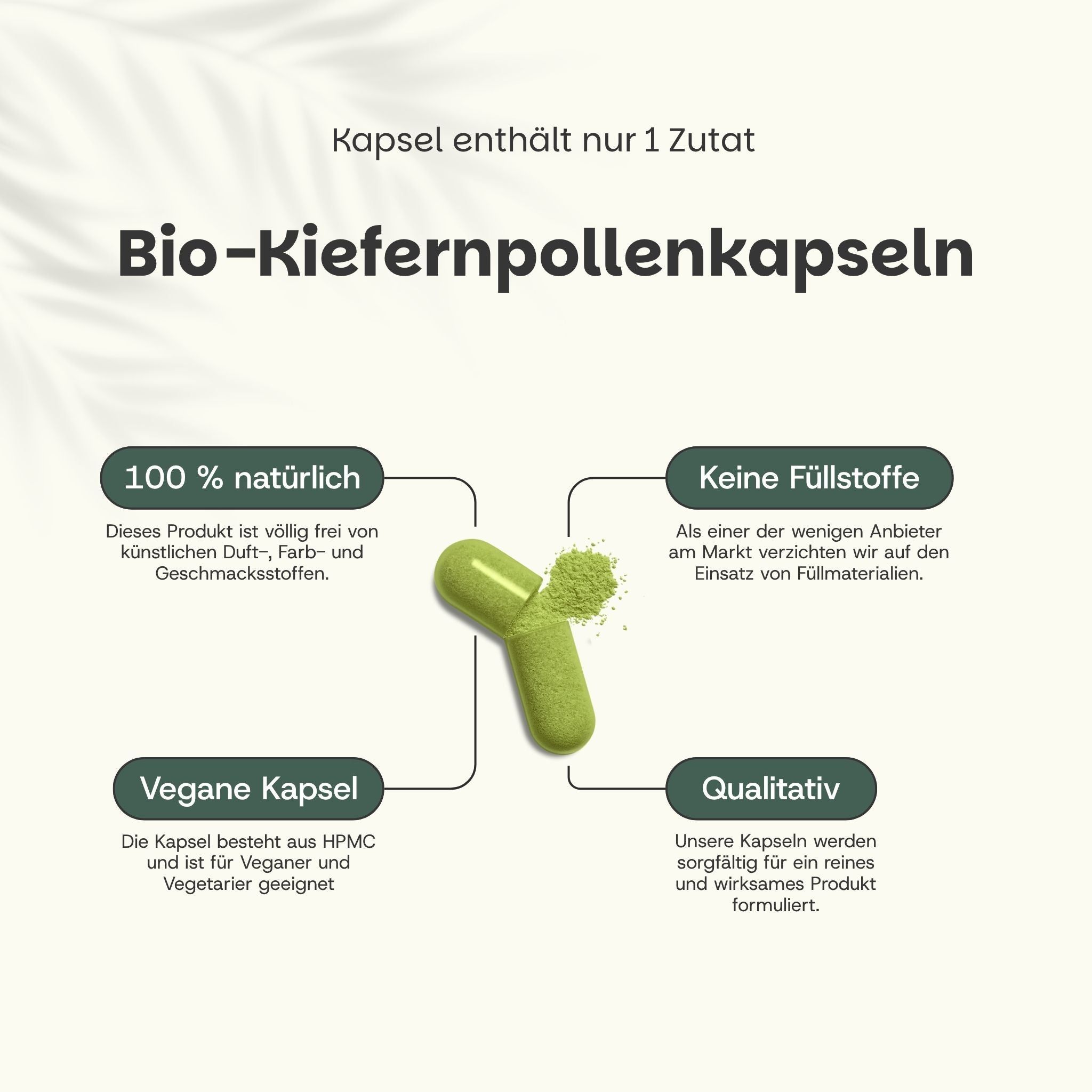 Zwei grüne Kapseln mit Inhalt. Text: Bio-Kiefernpollenkapseln. 100% natürlich, keine Füllstoffe, vegane Kapsel, qualitativ.