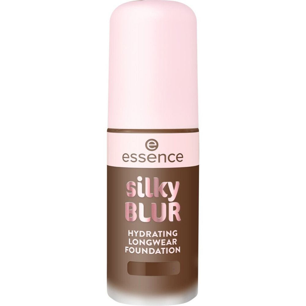Foundation-Flakon von Essence. Rosa Deckel, brauner Korpus mit Schriftzug Silky Blur. Hydrating Longwear Foundation.