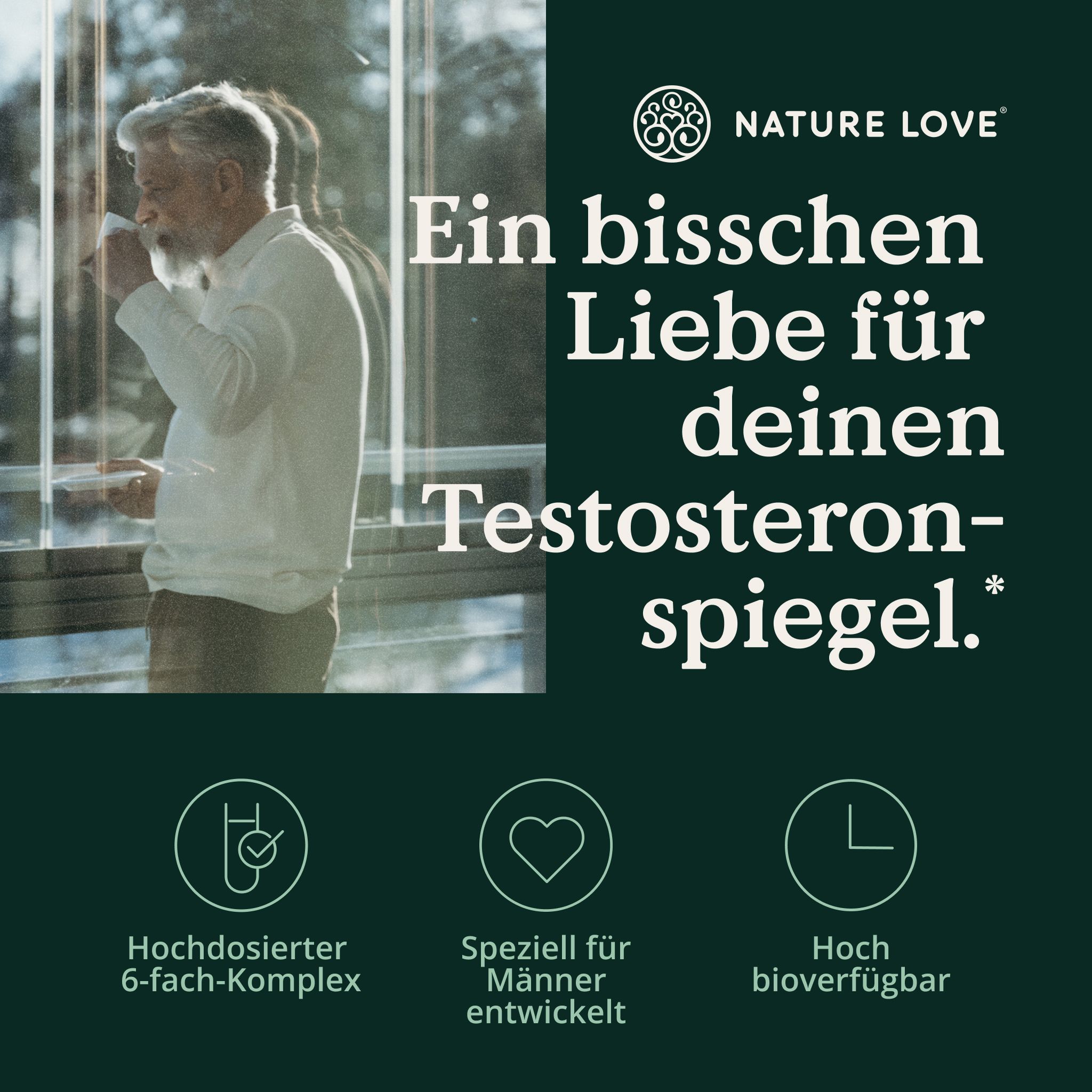 Älterer Mann trinkt Kaffee. Text: Hochdosierter 6-fach-Komplex, speziell für Männer entwickelt, hoch bioverfügbar.