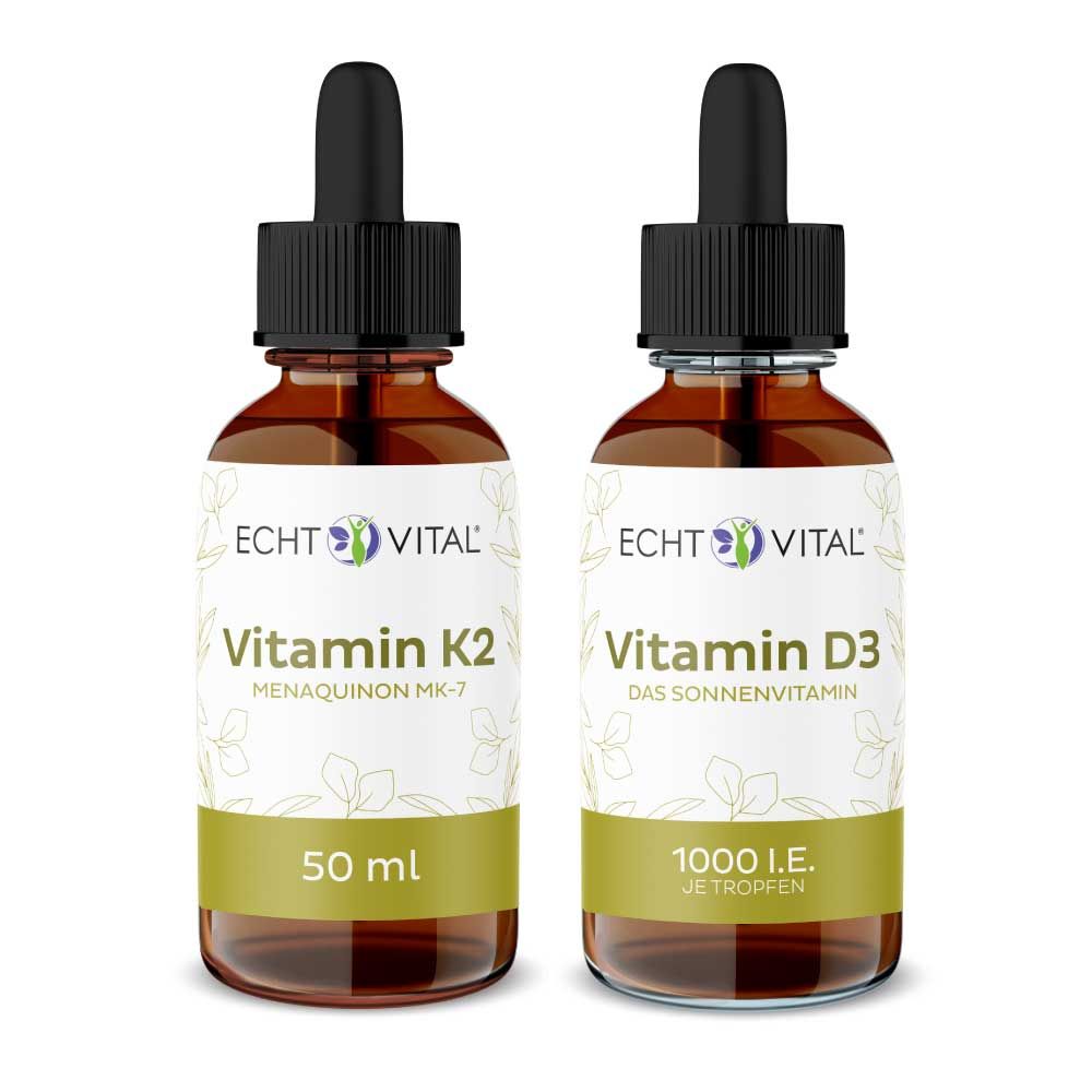 Zwei braune Glasflaschen mit schwarzen Pipetten. Auf den Etiketten steht "Echt Vital", "Vitamin K2" und "Vitamin D3".
