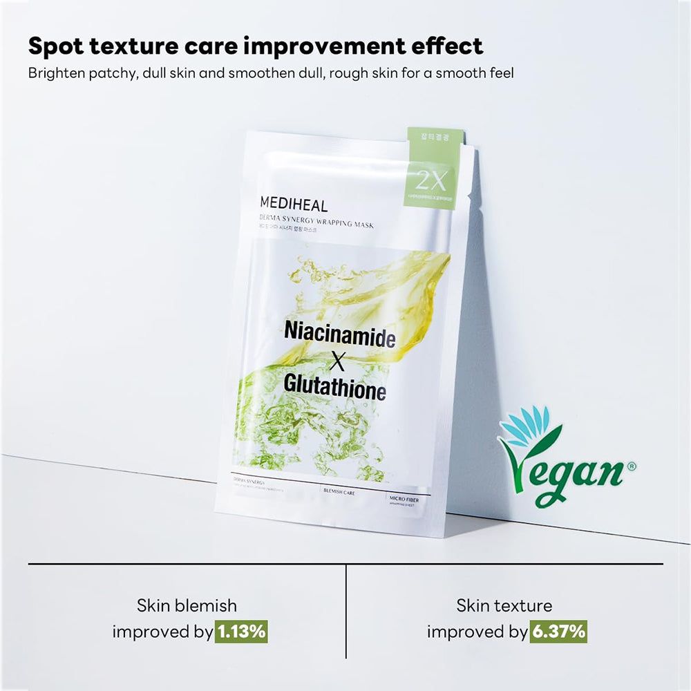 Verpackung der MEDIHEAL Derma Synergy Wrapping Tuchmaske. Enthält zwei Masken. Vegan-Logo. Aufschrift: Niacinamide X Glutathione.