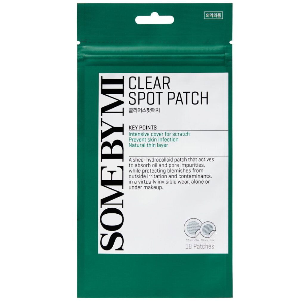 SOMEBYMI Clear Spot Patch Packung, 18 Stück. Zeigt die wichtigsten Punkte und die Anzahl der Patches.