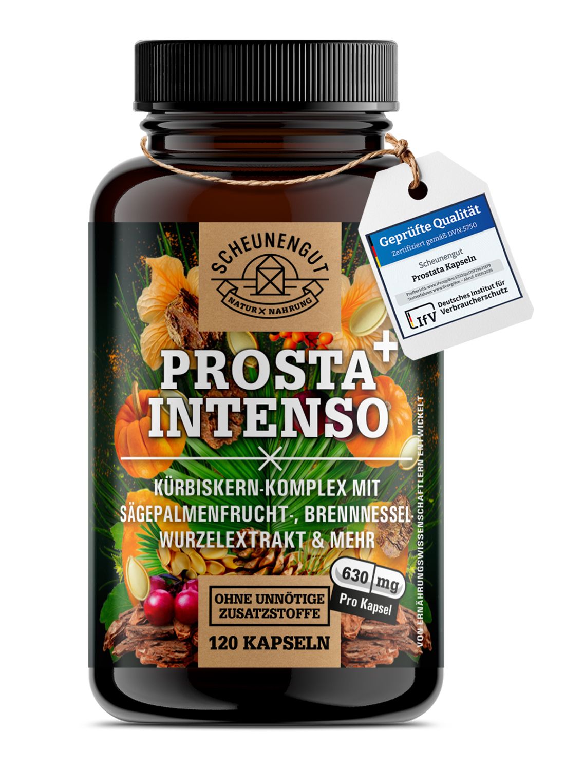 Produktflasche PROSTA INTENSO. 120 Kapseln. Mit Anhänger: Geprüfte Qualität. Kürbiskern-Komplex mit Sägepalme, Brennnessel, mehr.