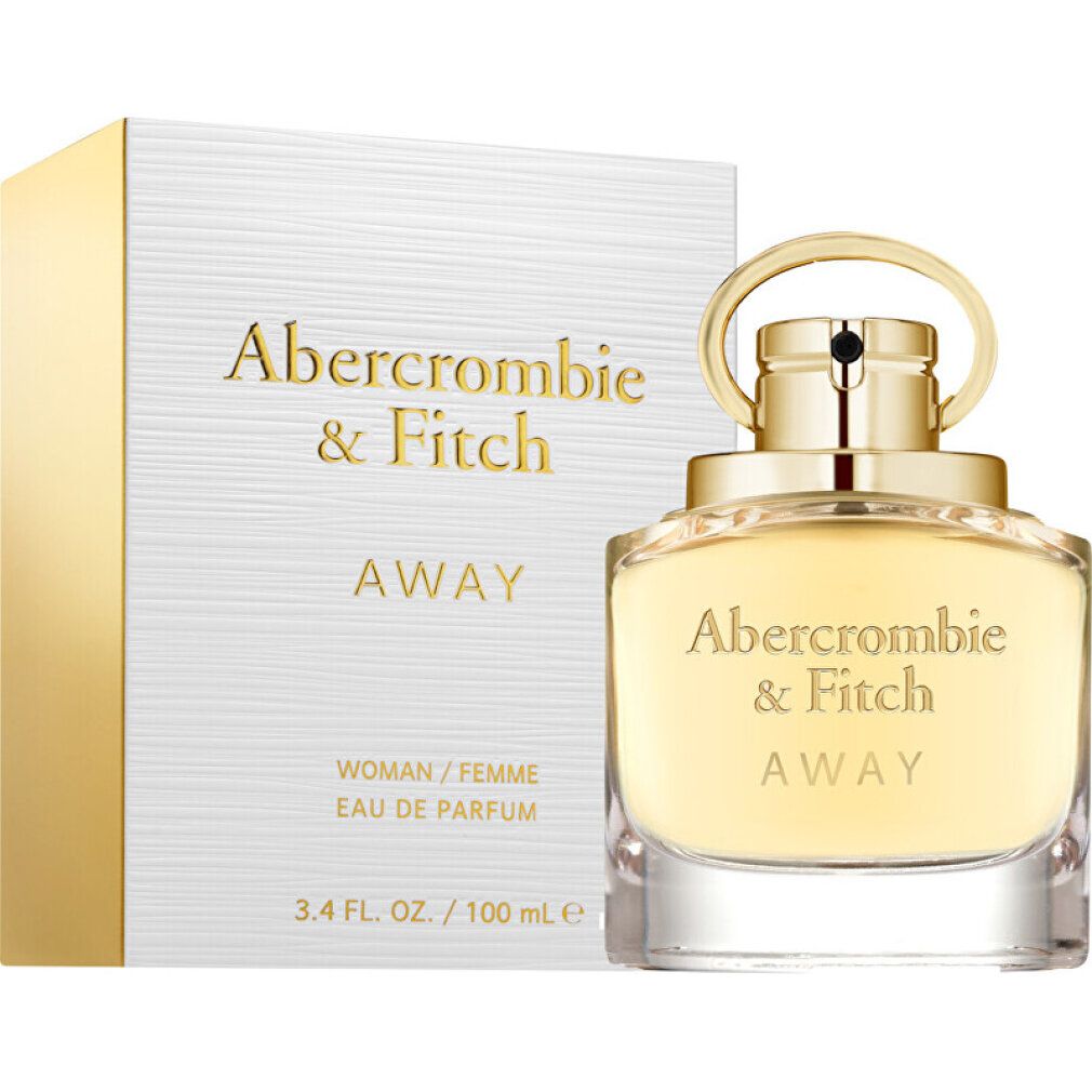 Parfümflakon und Verpackung. Flakon mit goldfarbenem Verschluss, daneben weiße Schachtel mit Schriftzug "Abercrombie & Fitch AWAY".