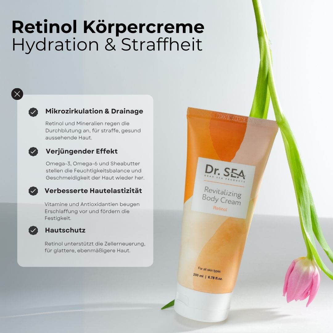 Creme-Tube "Dr. SEA Revitalizing Body Cream Retinol" mit Text und Illustrationen. Hintergrund mit Blume.