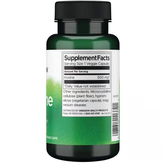 Rückseite der grünen Flasche. Etikett mit Nährwertangaben: Inosin 500 mg. Weitere Inhaltsstoffe und Herstellerinformationen.