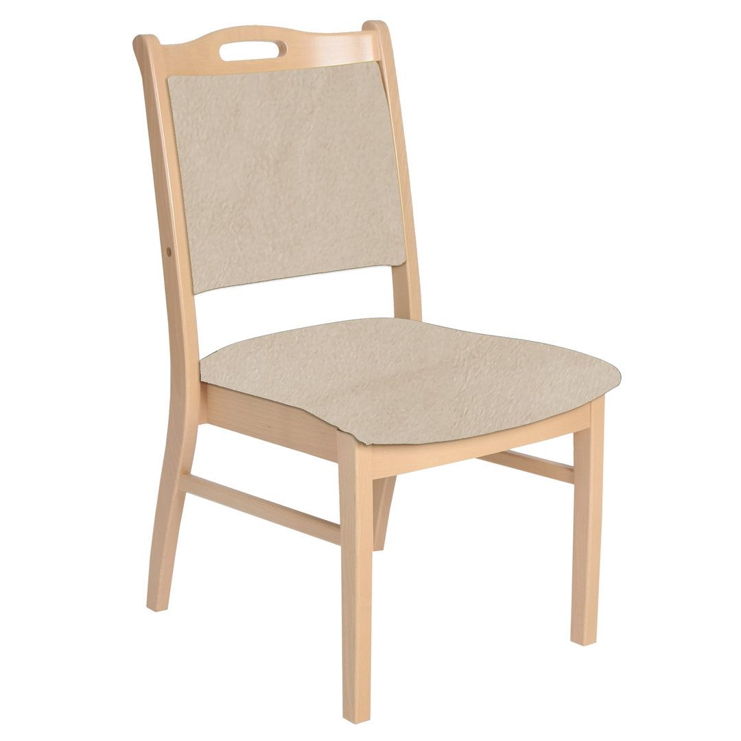 Stuhl ohne Armlehnen. Holzrahmen mit beigem Sitz und Rückenlehne. Einfaches Design, helle Holzfarbe.
