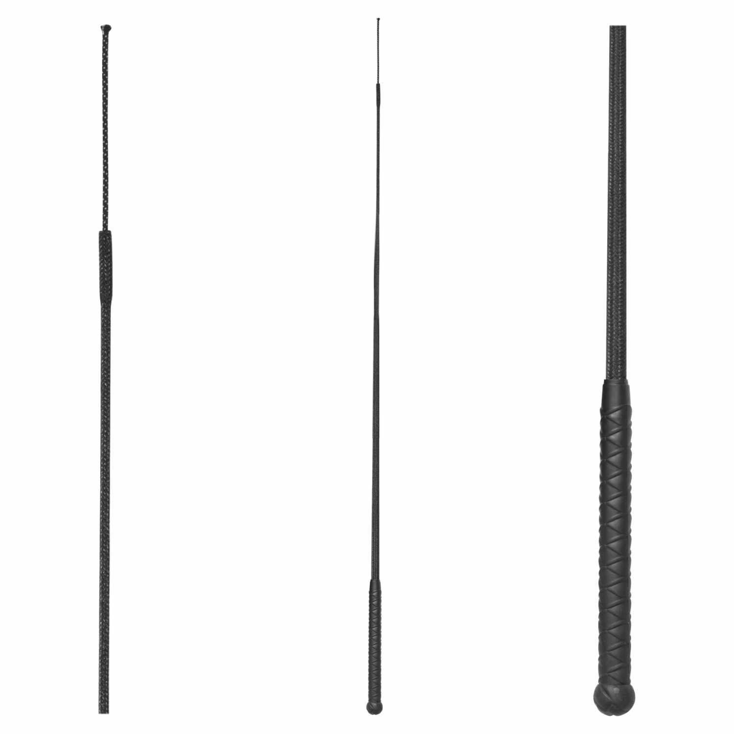 Schwarze Reitgerte mit Griff. Verschiedene Ansichten: Spitze, Mittelteil, Griff. Gerte mit geriffelter Oberfläche am Griff.