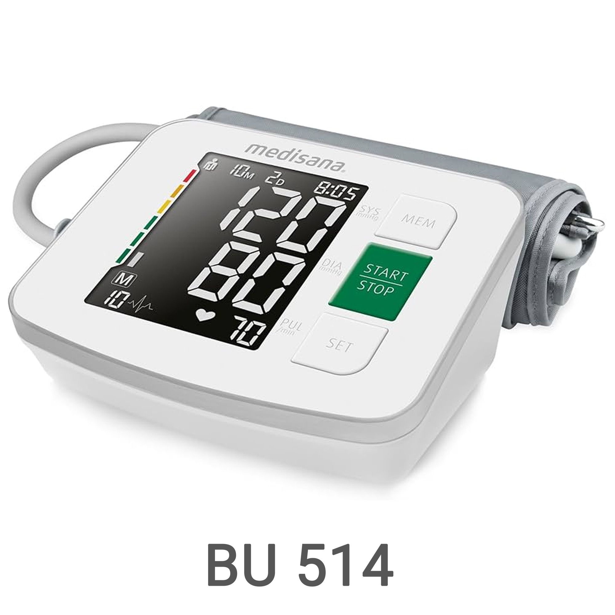 Weißer Oberarm-Blutdruckmesser BU 514 mit großem Display und grüner Start-Taste.