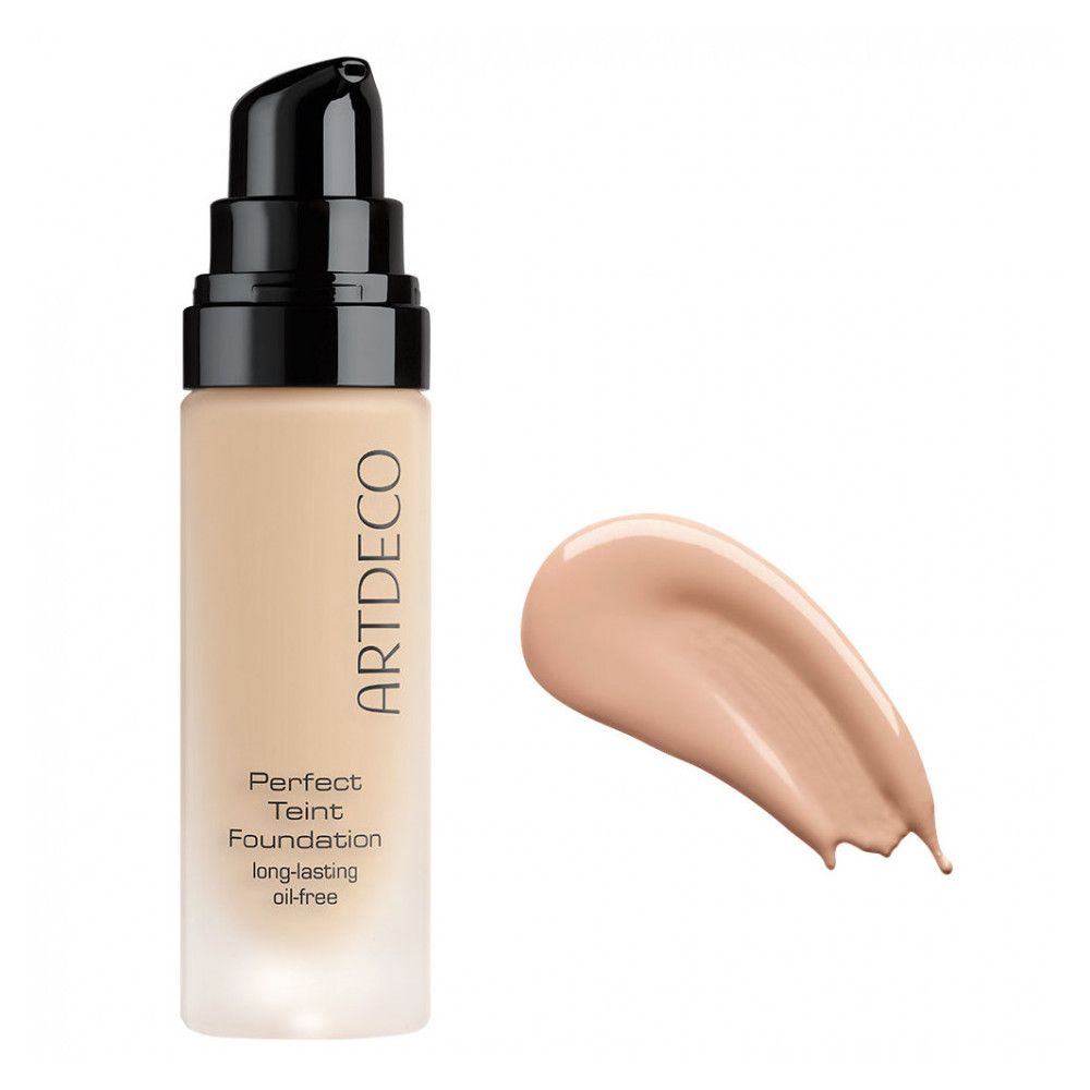 Foundation-Flakon mit schwarzem Pumpverschluss und Farbprobe. Aufschrift: ARTDECO, Perfect Teint Foundation, long-lasting, oil-free.