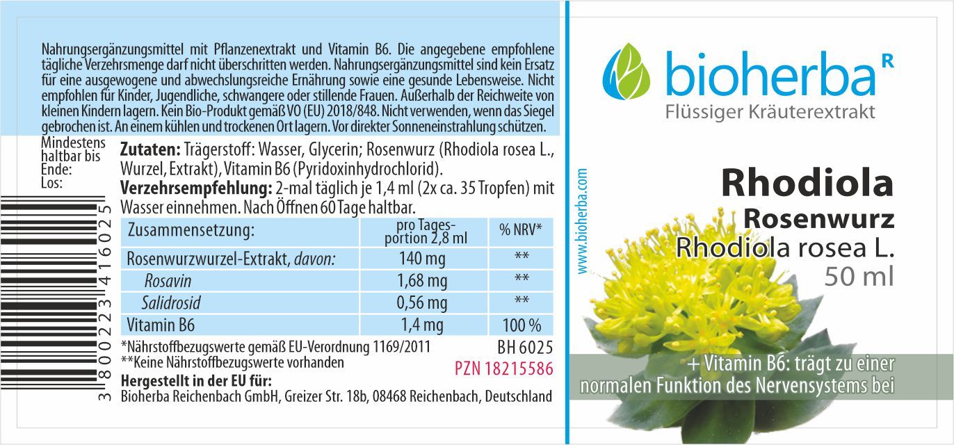 Etikett mit Produktinformationen. Text: Bioherba, Rhodiola Rosenwurz, 50 ml. Inhaltsstoffe und Nährwertangaben.
