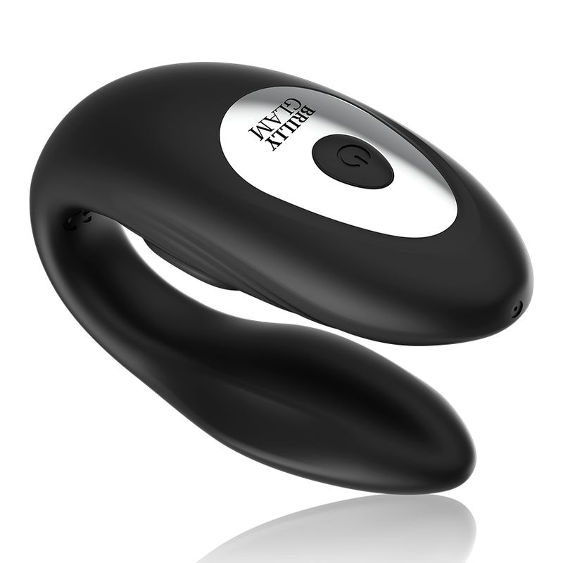 Schwarzer Paarvibrator mit silbernem Bedienfeld. Der Vibrator hat eine geschwungene Form und das Logo 'Brilly Glam'.