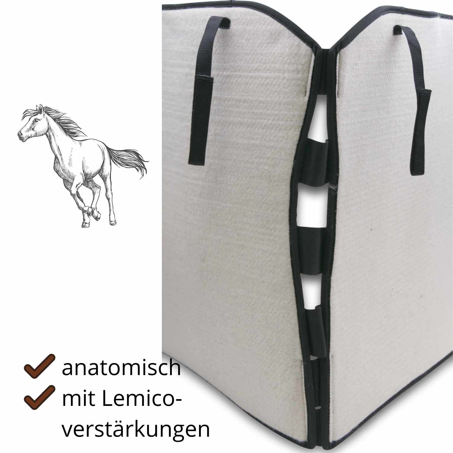 Reitpad mit Text: 'anatomisch' und 'mit Lemico-Verstärkungen'. Schwarze Griffe und Details. Pferd-Illustration.