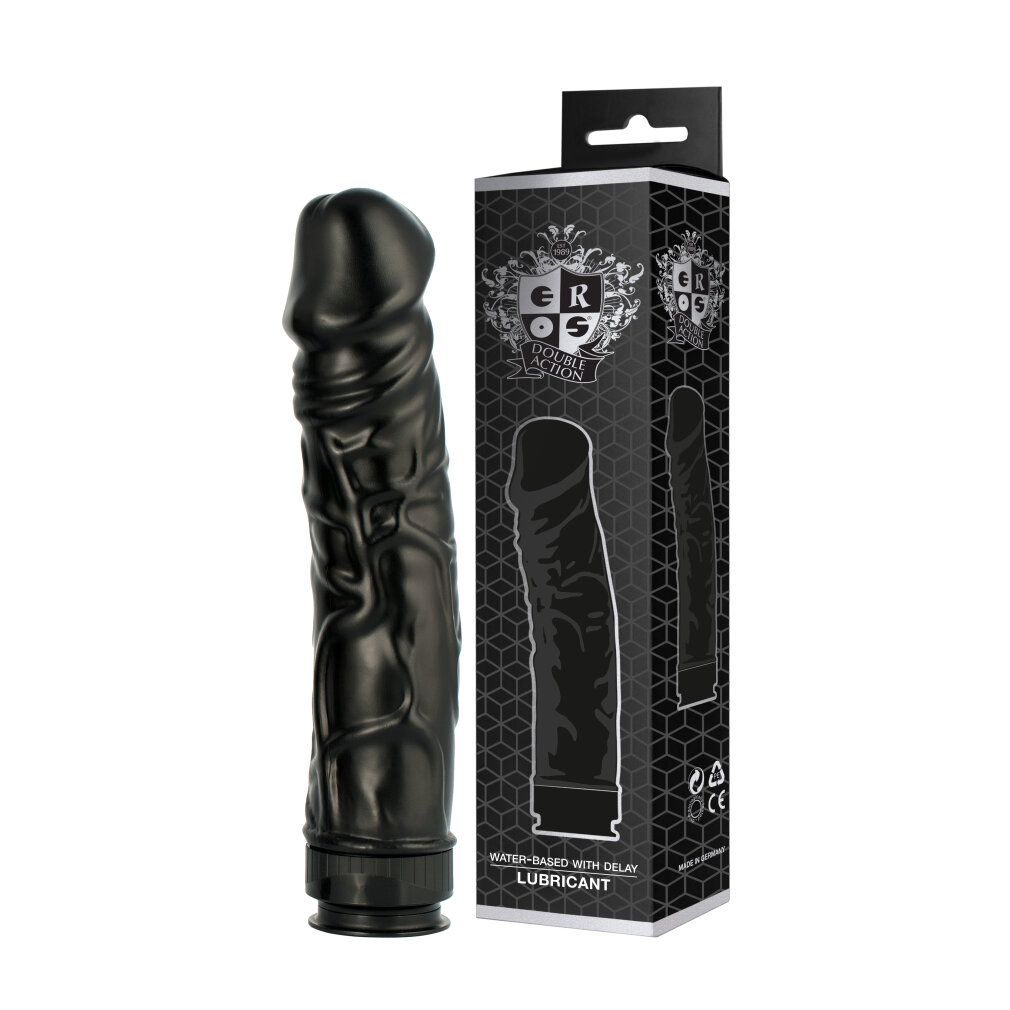 Schwarzer Sextoy neben schwarzer Verpackung. Verpackung mit Produktabbildung. Text: EROS, Water-Based with Delay Lubricant.