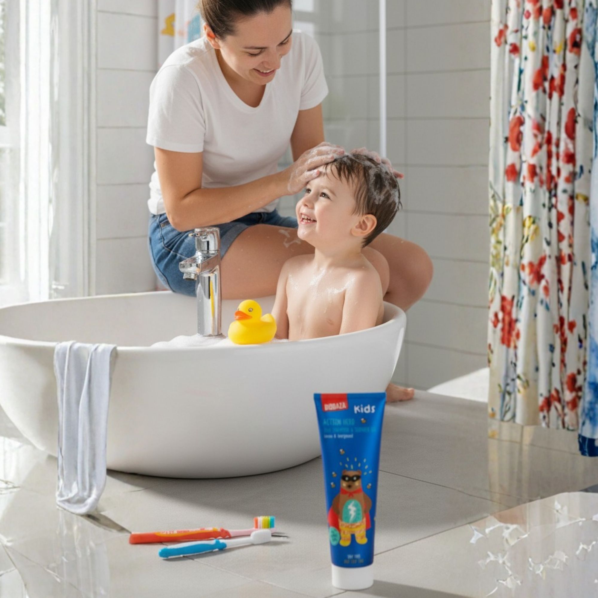 Kind in Badewanne, Mutter wäscht Haare. Auf dem Boden: Zahnbürsten und Tube mit Produktaufdruck: Biobaza Kids Action Hero.