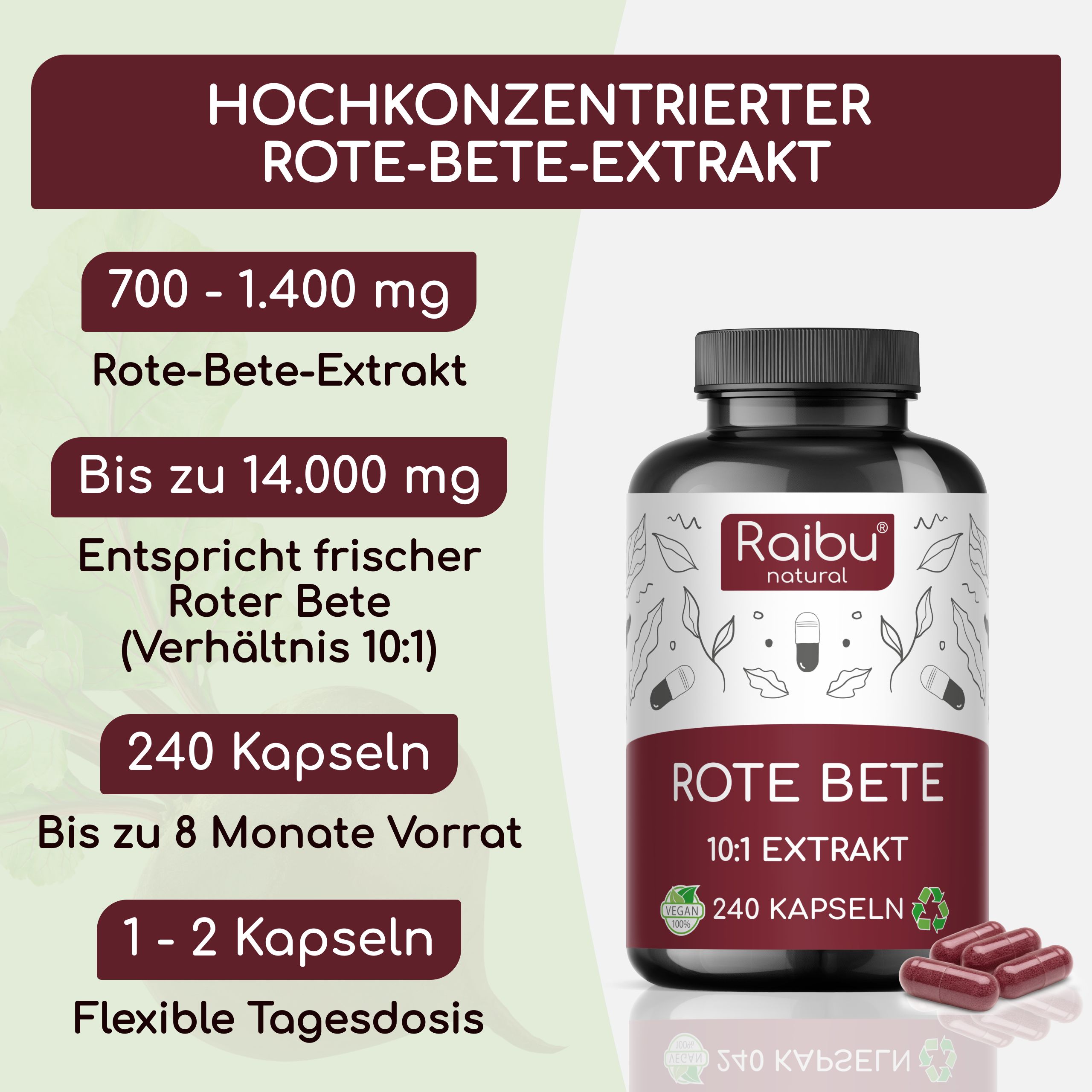 Rote Beete Kapseln Hochdosiert 14.000 mg - Vegan - 10:1 Extrakt mit natürlichen Nitraten - RAIBU