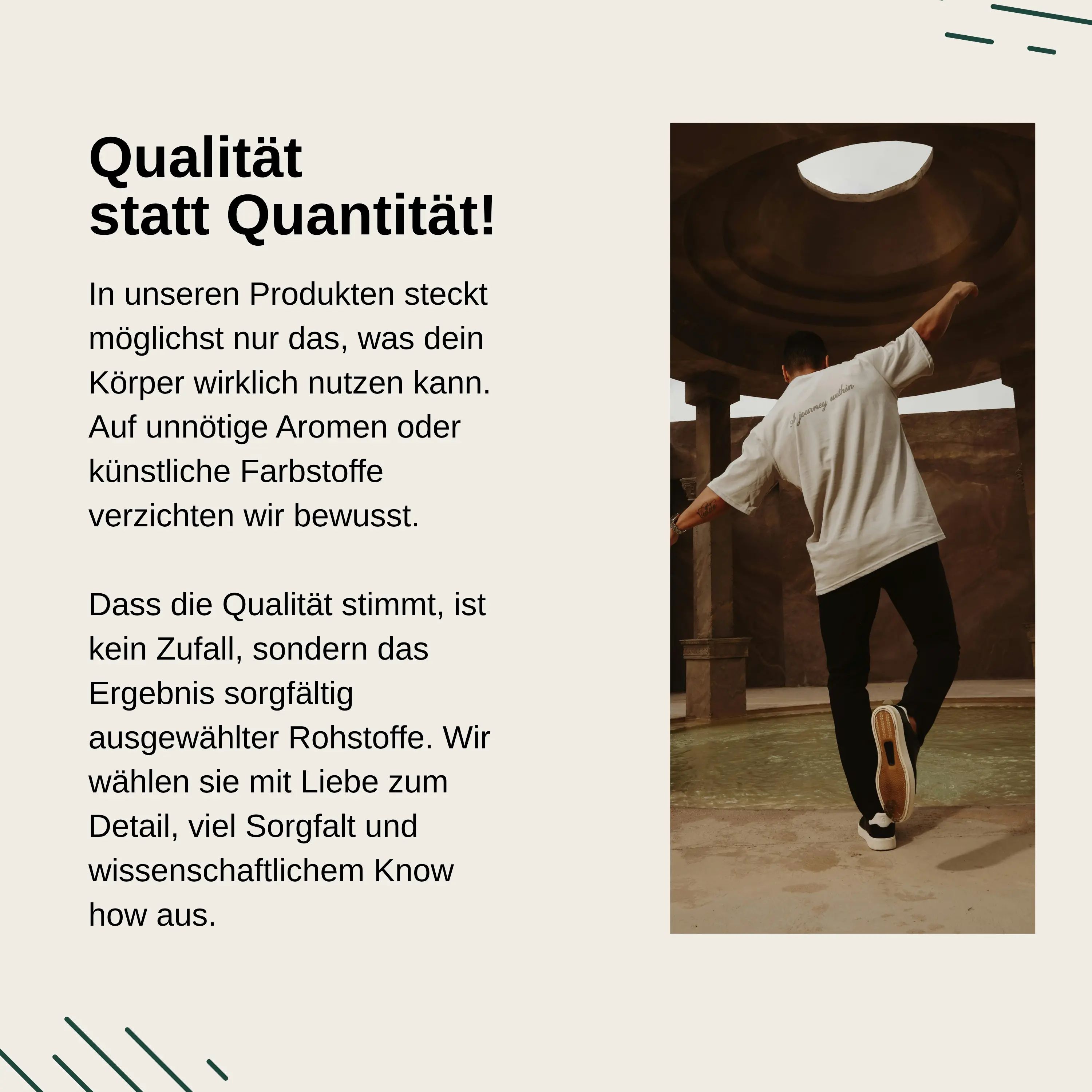 Mann in hellem T-Shirt tanzt. Text: Qualität statt Quantität. In unseren Produkten steckt nur das, was der Körper nutzen kann. Ohne Aromen oder Farbstoffe.