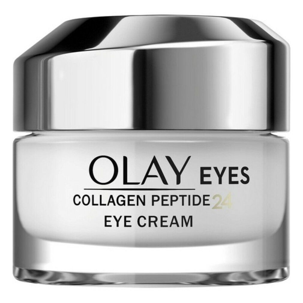 Cremebehälter mit silbernem Deckel. Aufschrift: Olay Eyes Collagen Peptide 24 Eye Cream.