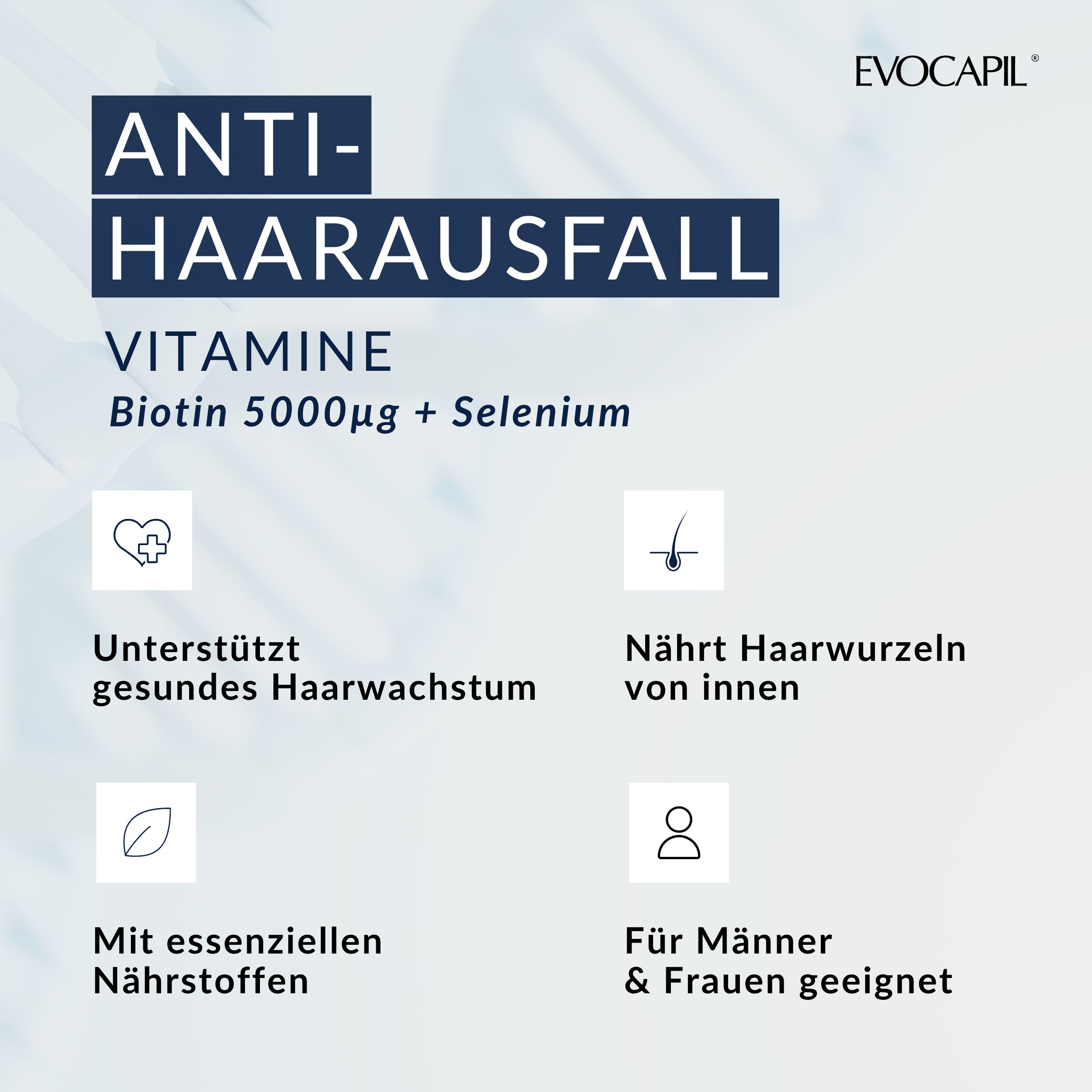 Vitamine gegen Haarausfall. Enthält Biotin und Selen. Unterstützt gesundes Haarwachstum. Für Männer und Frauen geeignet.
