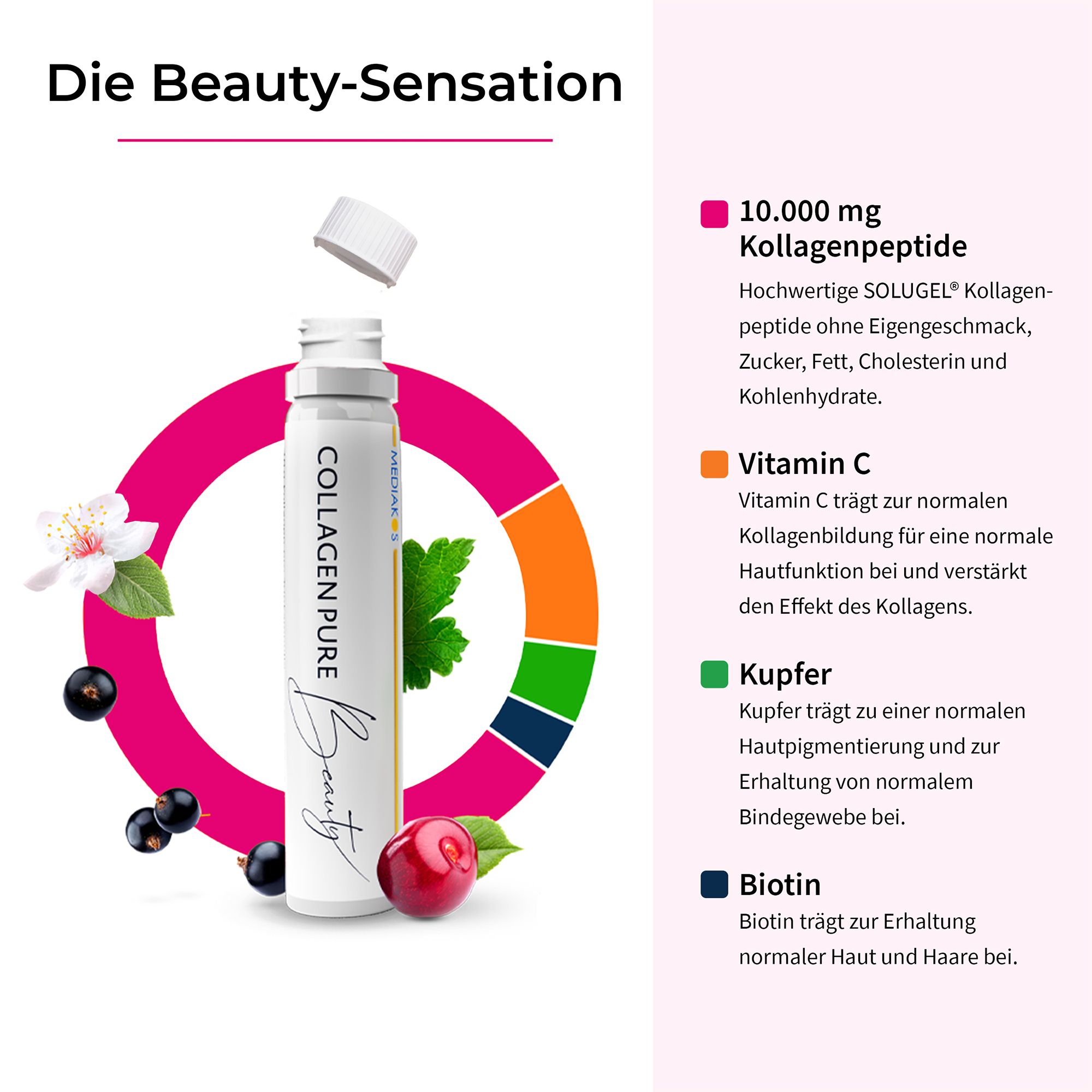 Trinkampulle "COLLAGEN PURE Beauty". Details: 10.000 mg Kollagenpeptide, Vitamin C, Kupfer, Biotin. Ringdiagramm.