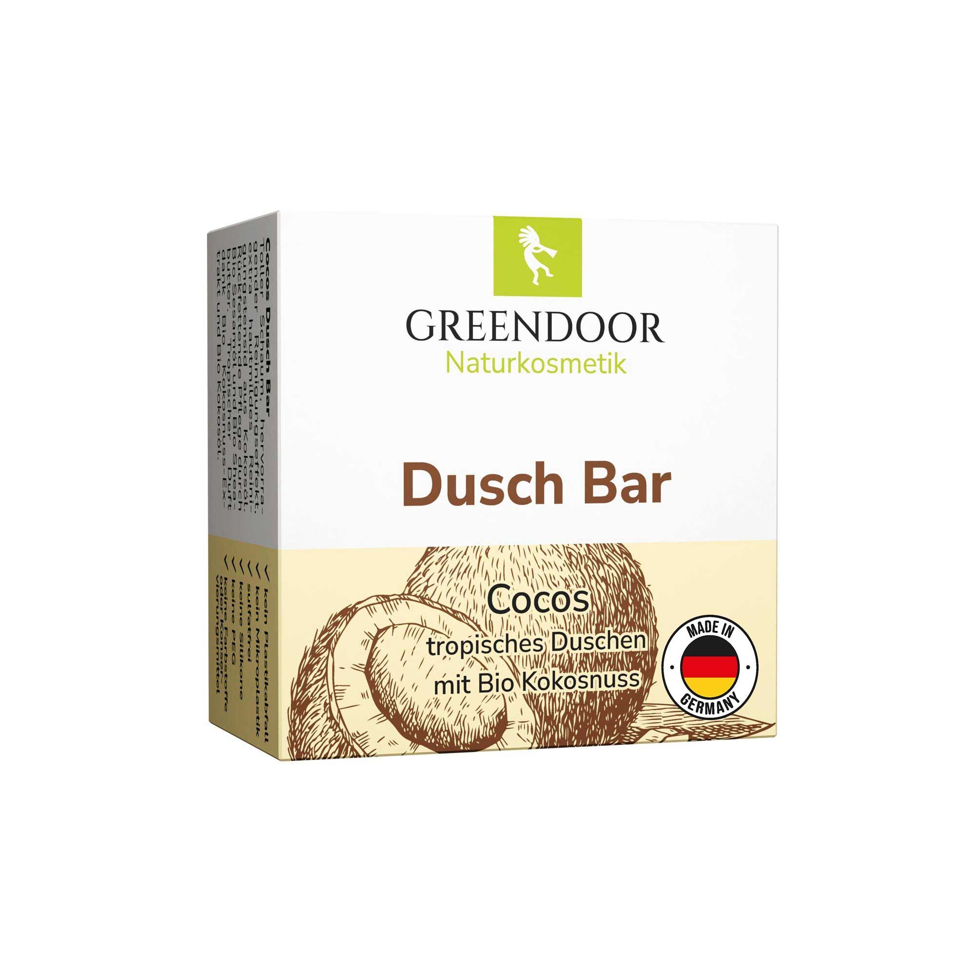 GREENDOOR Dusch Bar Cocos: feste Duschpflege mit Kokosnuss-Abbildung und "Made in Germany" Siegel.