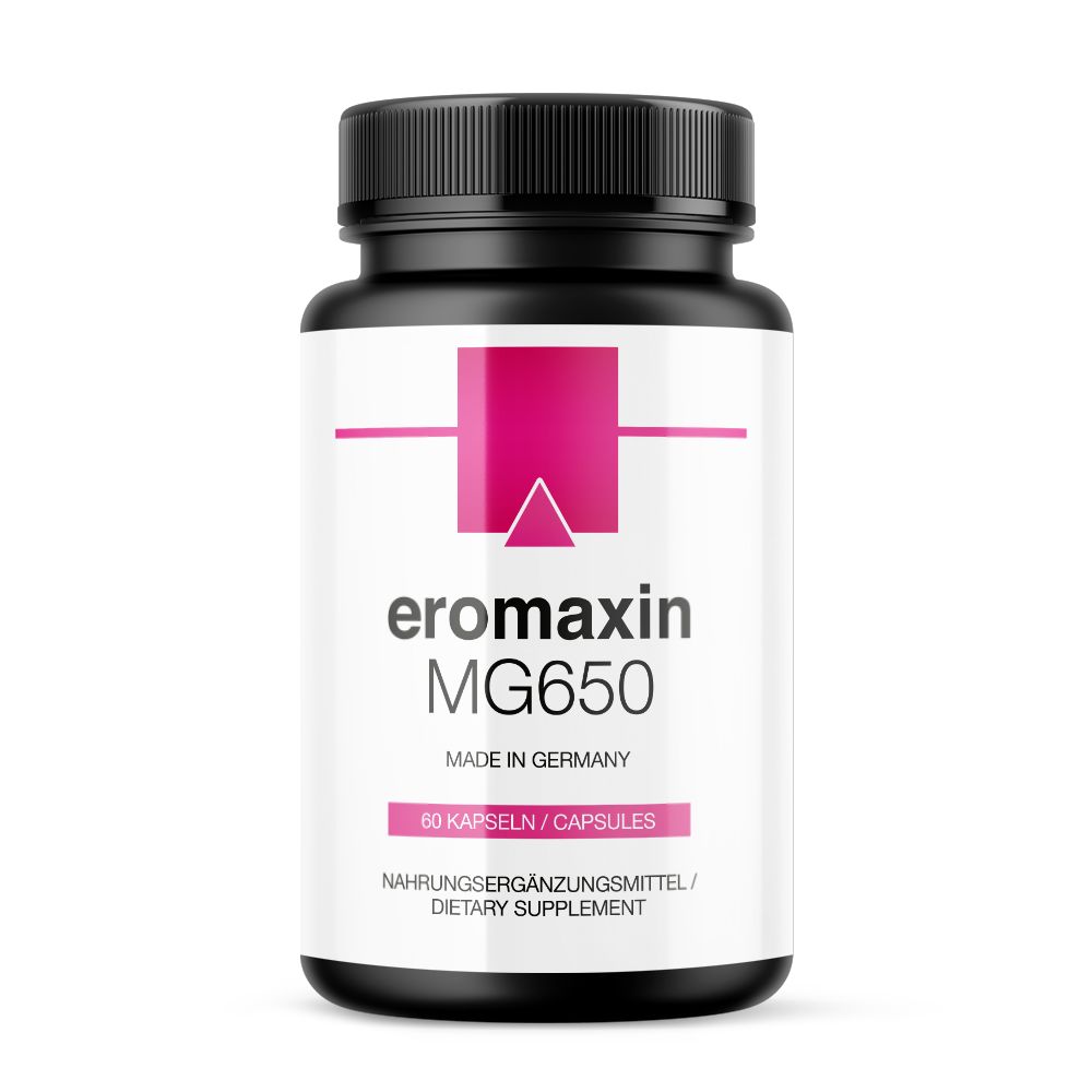 Schwarze Flasche mit weißem Etikett. Aufschrift: eromaxin MG650, 60 Kapseln. Nahrungsergänzungsmittel.