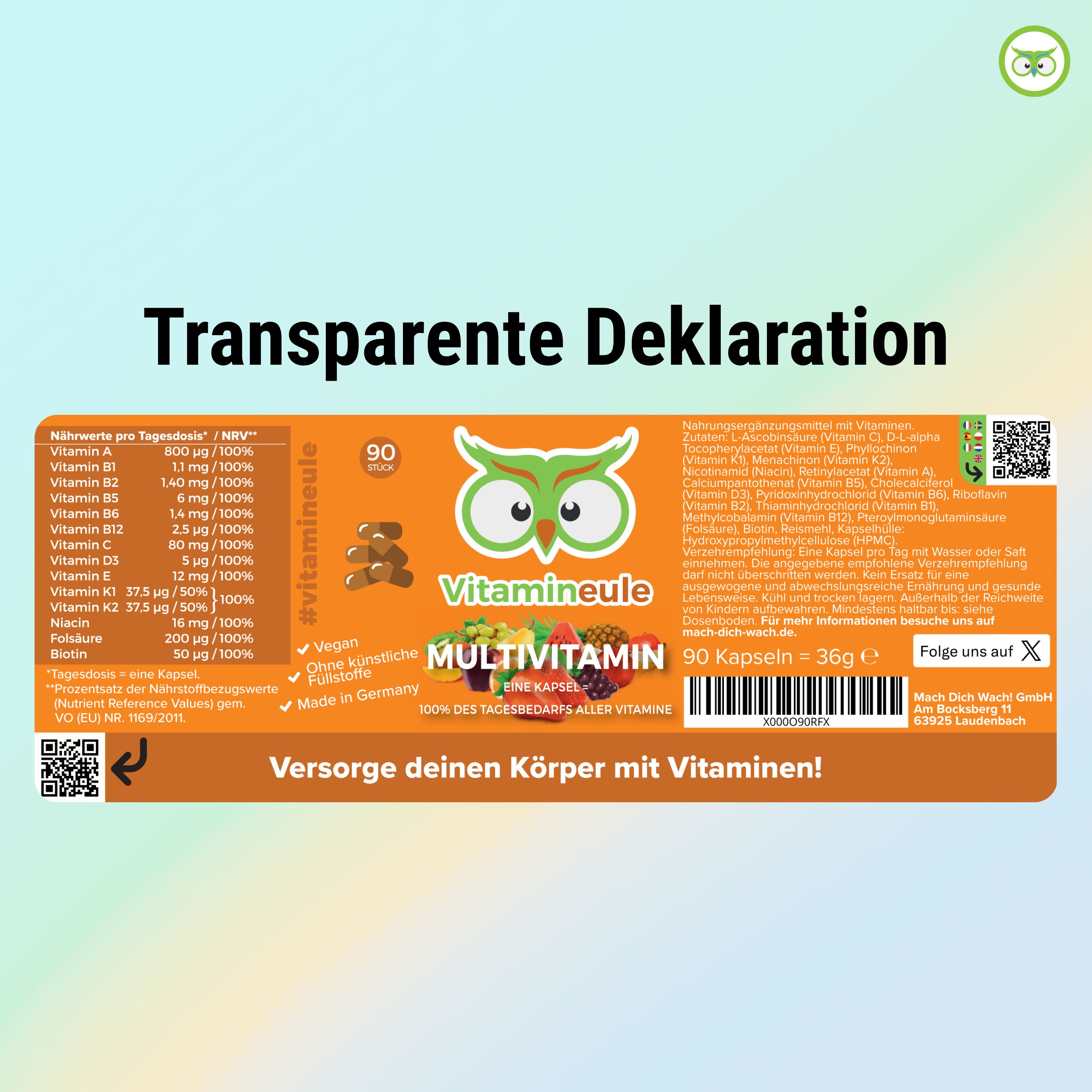 Transparente Deklaration. Etikett mit Nährwertangaben, Inhaltsstoffen, Logo Vitamineule, 90 Kapseln, QR-Code.