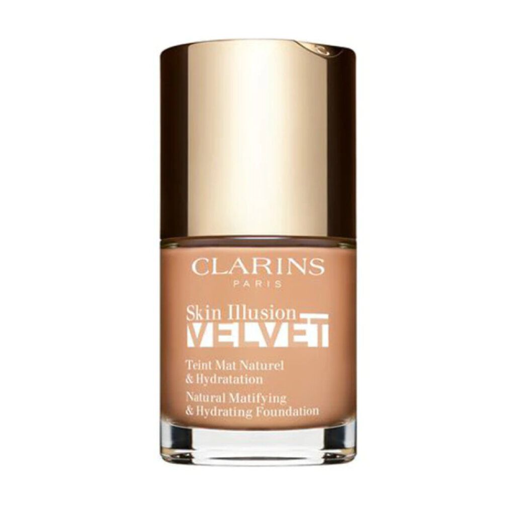 Clarins Skin Illusion Velvet Foundation. Flasche mit goldfarbenem Deckel. Text: Natural Matifying & Hydrating Foundation.