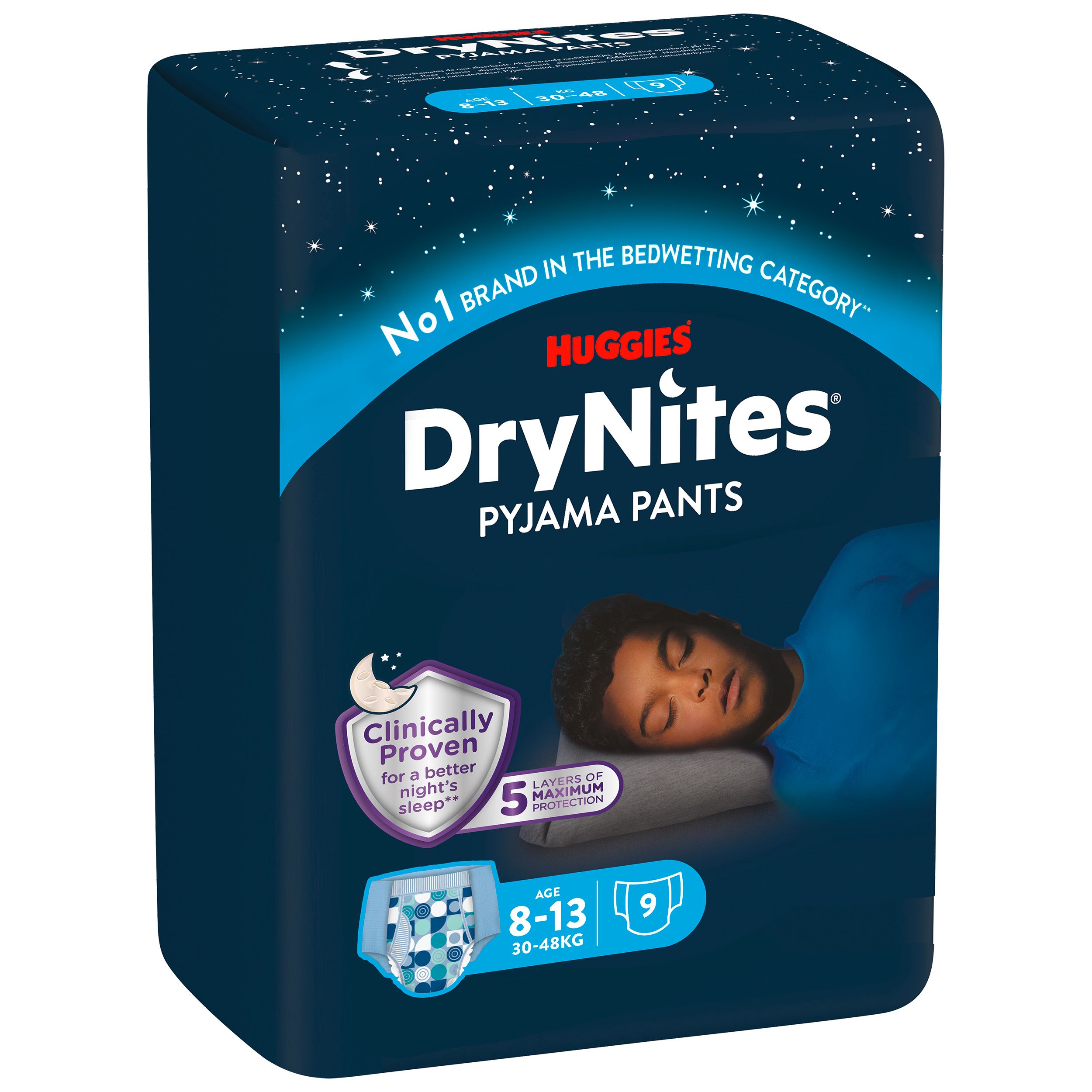 Huggies DryNites Pyjama Pants. Verpackung. Alter 8-13 Jahre, 30-48 kg. 5 Schutzschichten. Klinisch erwiesen für besseren Schlaf.