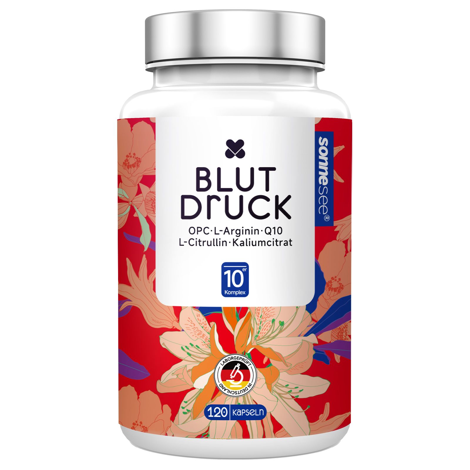 Flasche mit 120 Kapseln für Blutdruck, enthält OPC, L-Arginin, Q10, L-Citrullin, Kaliumcitrat.