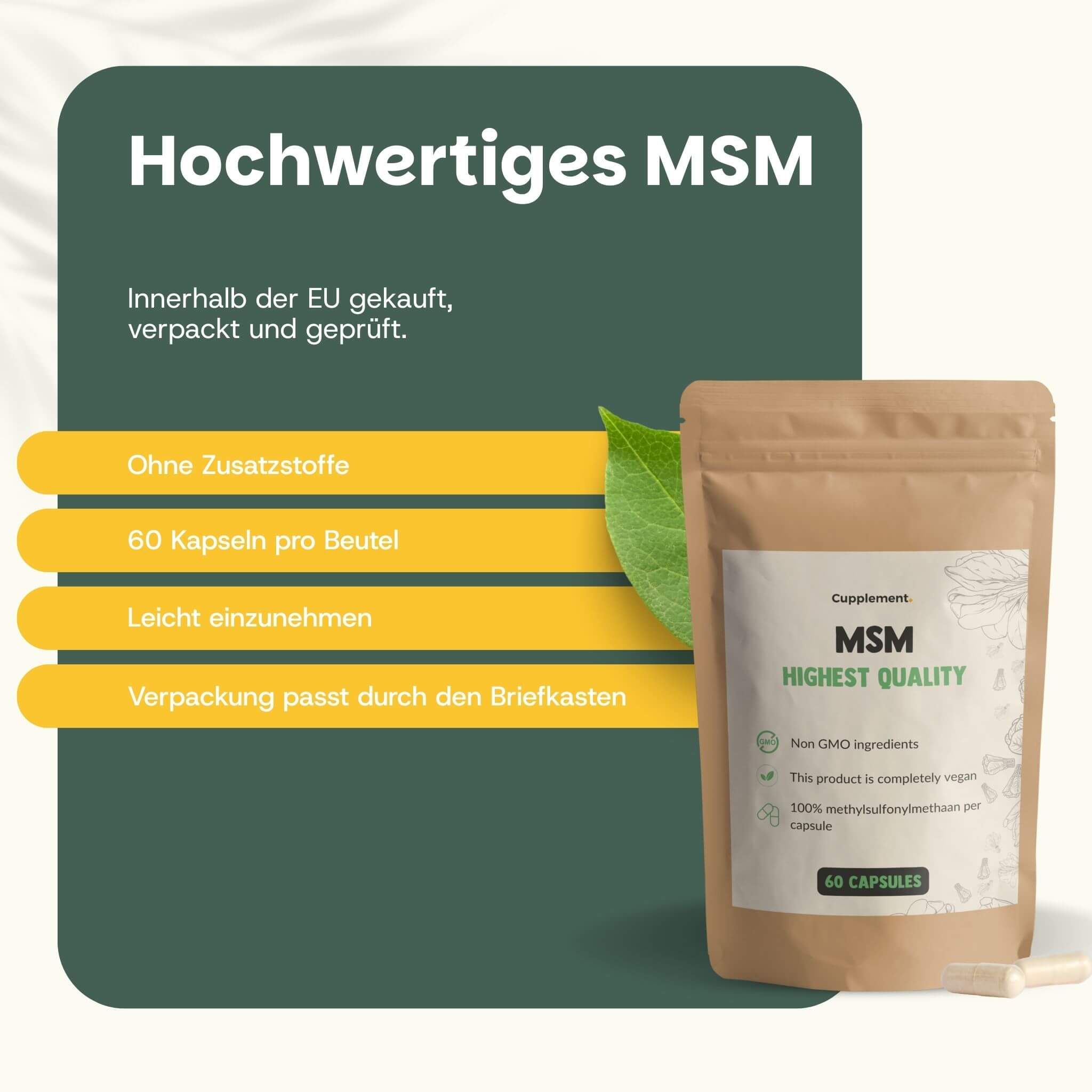 Beutel mit Kapseln. Text: MSM, höchste Qualität. 60 Kapseln pro Beutel. Ohne Zusatzstoffe.