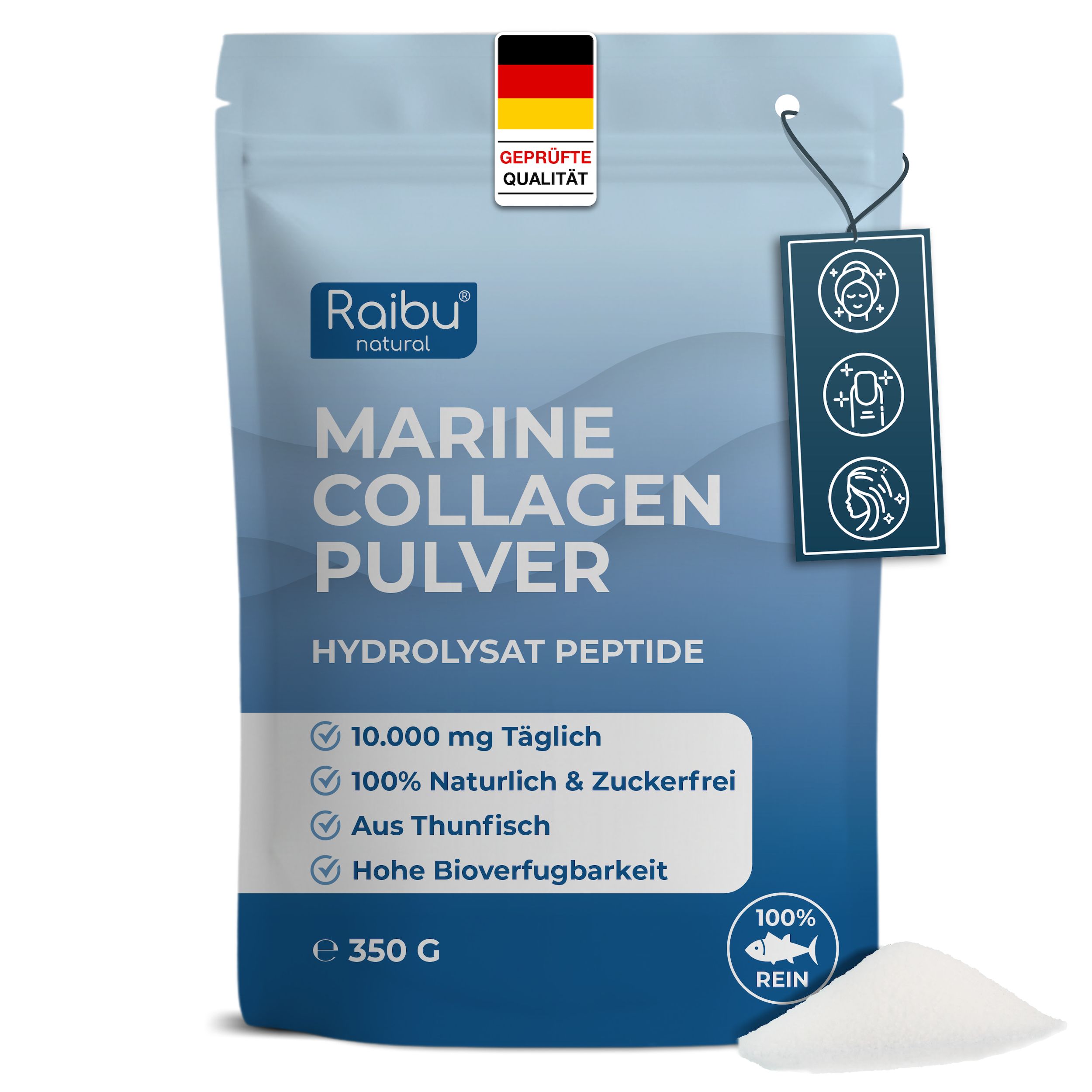 Beutel mit Marine Kollagen Pulver. Text: Raibu, Marine Collagen Pulver, 10.000 mg täglich, 350 g. Mit Siegel 'Geprüfte Qualität'.