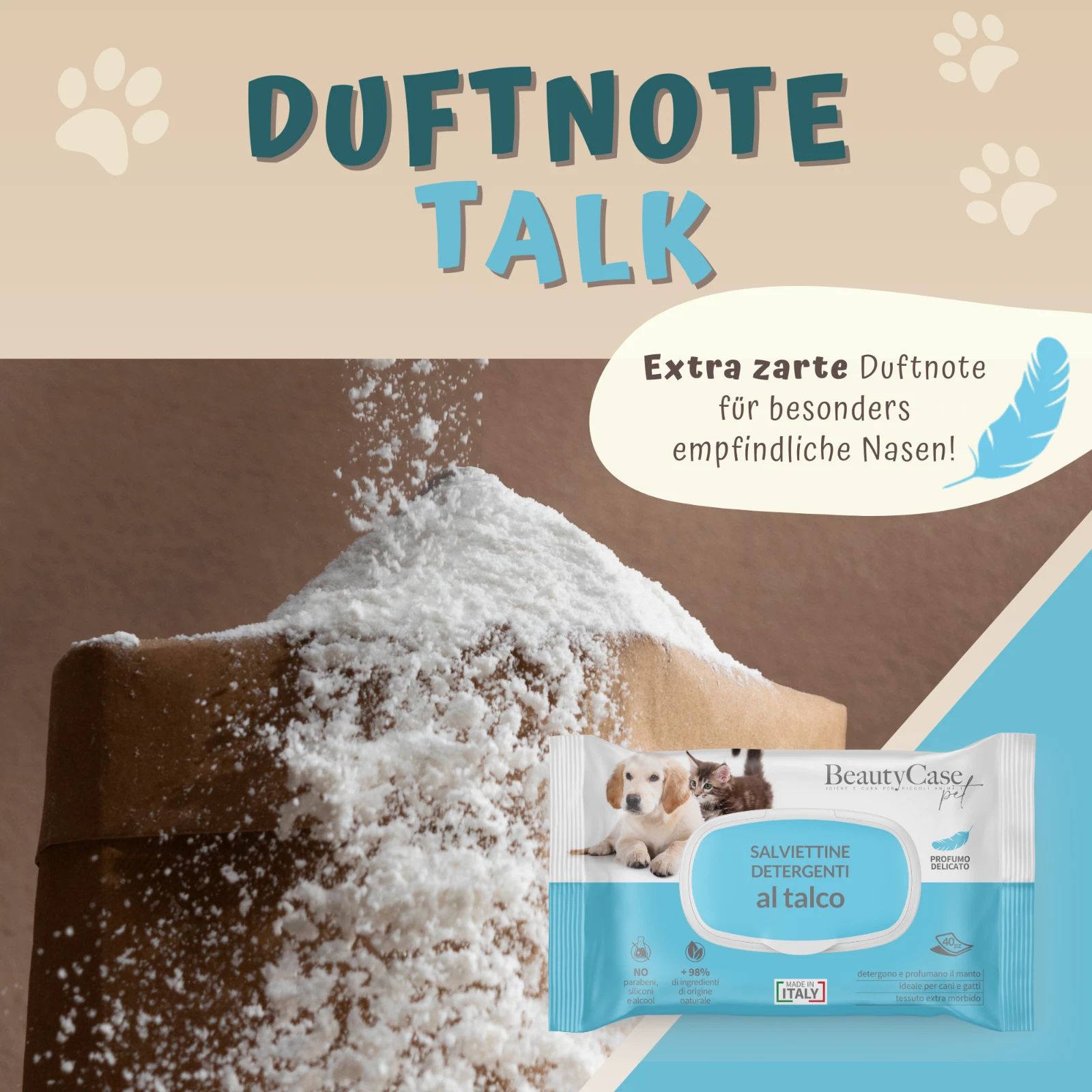 Duftnote Talk. Extra zarte Duftnote für empfindliche Nasen. Produktverpackung mit Salviette Detergenti al talco.